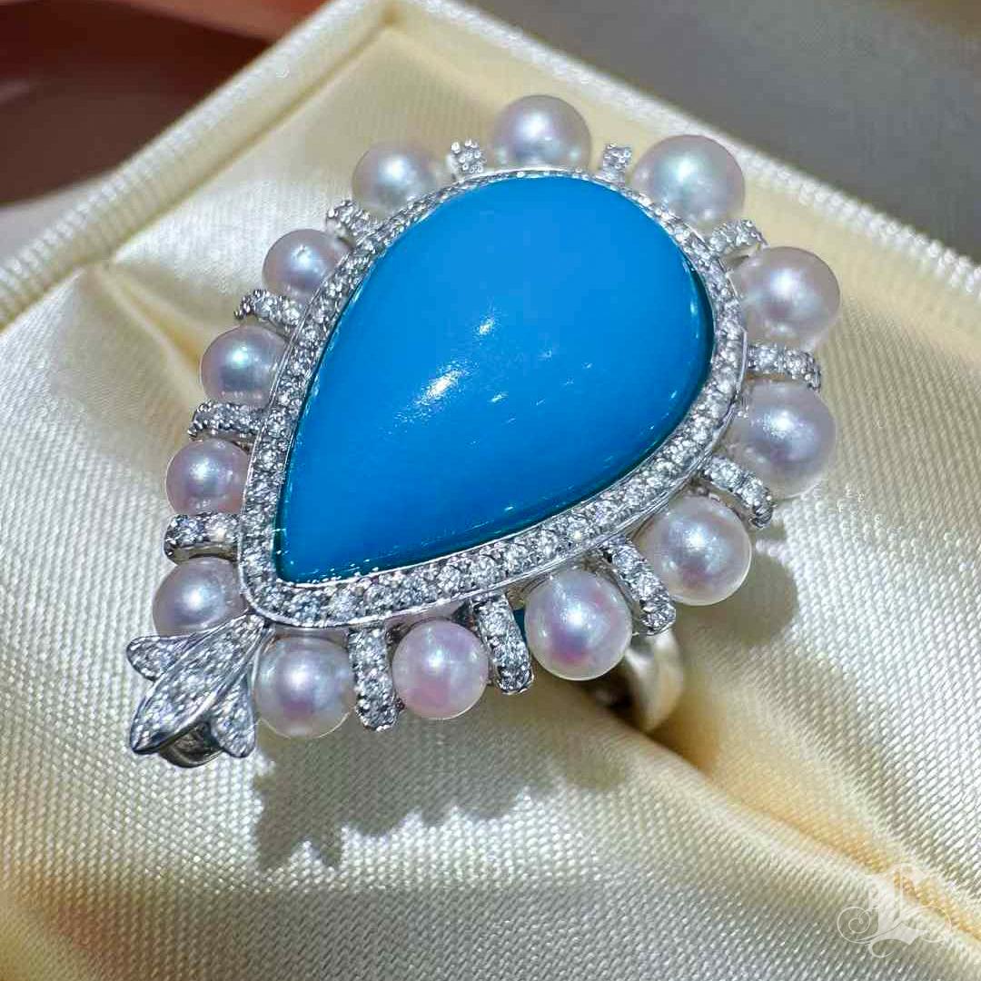 【Caelmare】Ocean Halo Convertible Turquoise & Akoya Pearl Pendant Ring For Sale 1