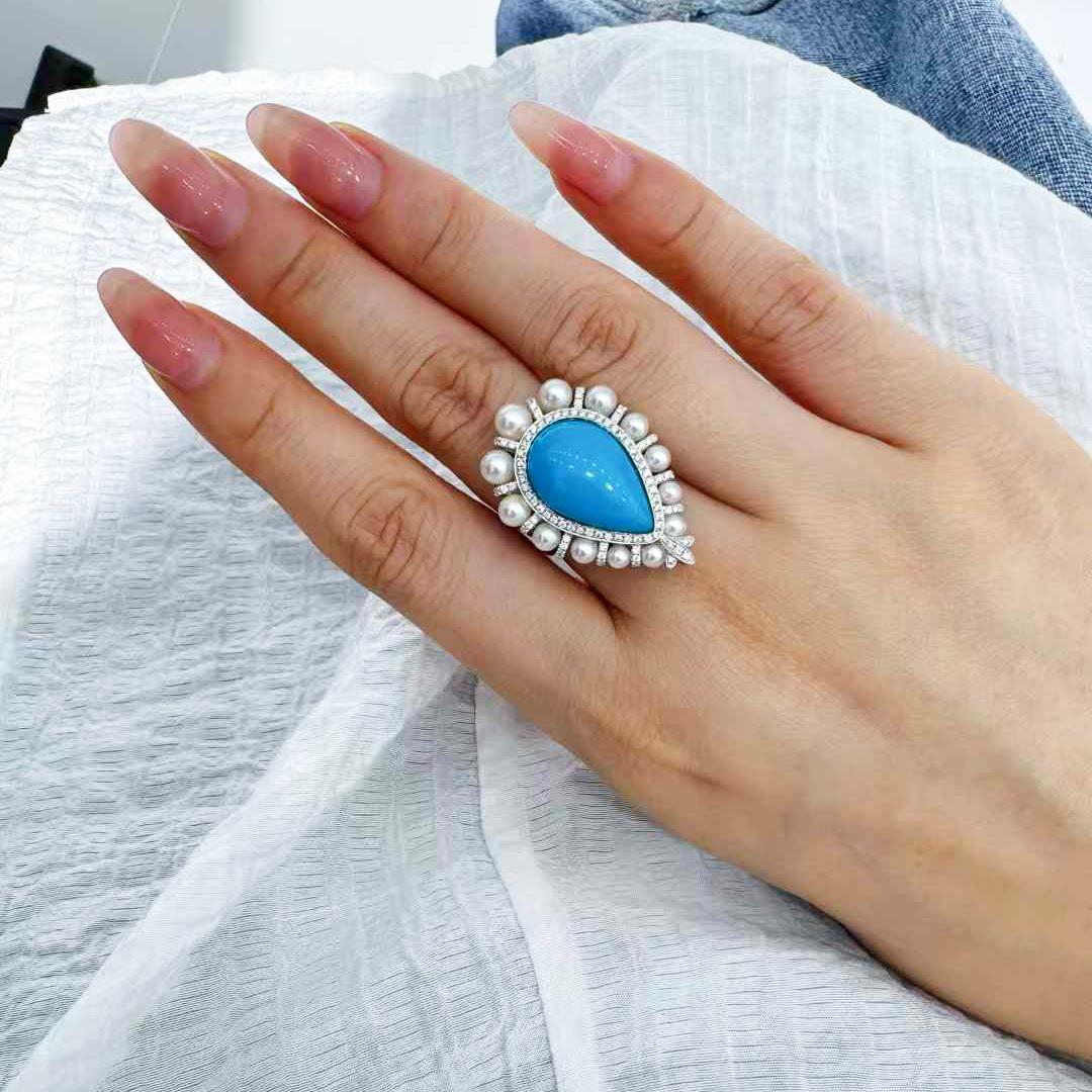 【Caelmare】Ocean Halo Convertible Turquoise & Akoya Pearl Pendant Ring For Sale 6