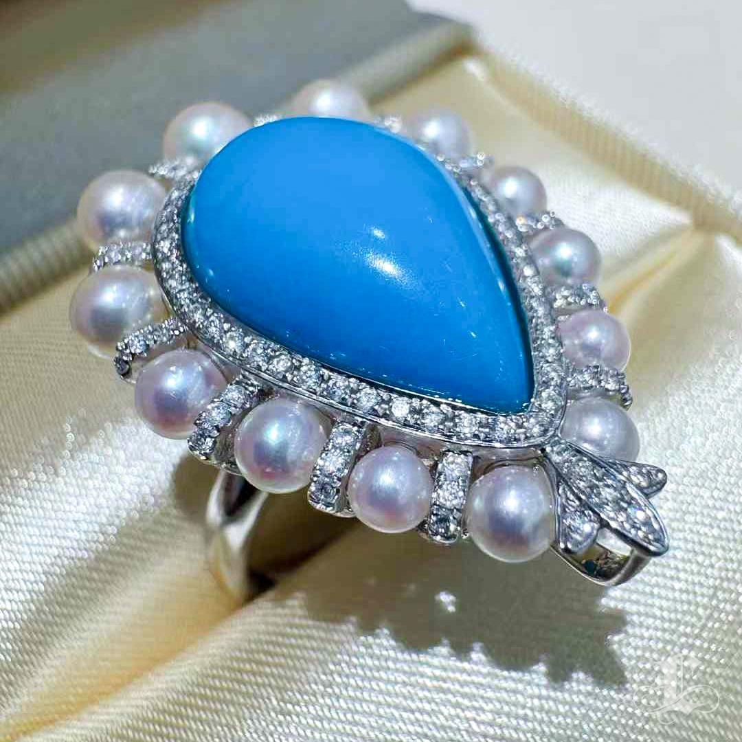 【Caelmare】Ocean Halo Convertible Turquoise & Akoya Pearl Pendant Ring For Sale 2
