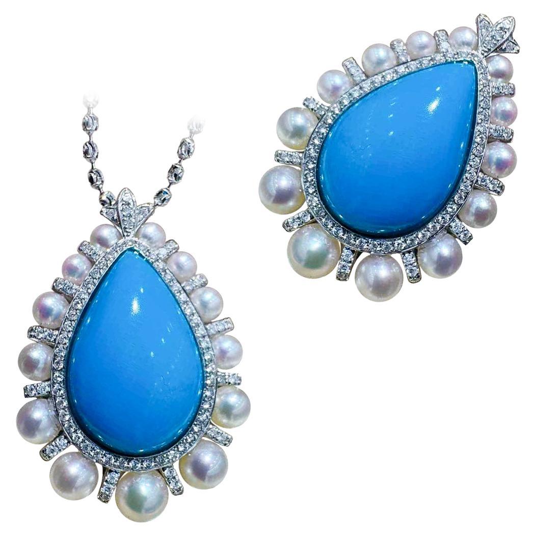 【Caelmare】Ocean Halo Convertible Turquoise & Akoya Pearl Pendant Ring