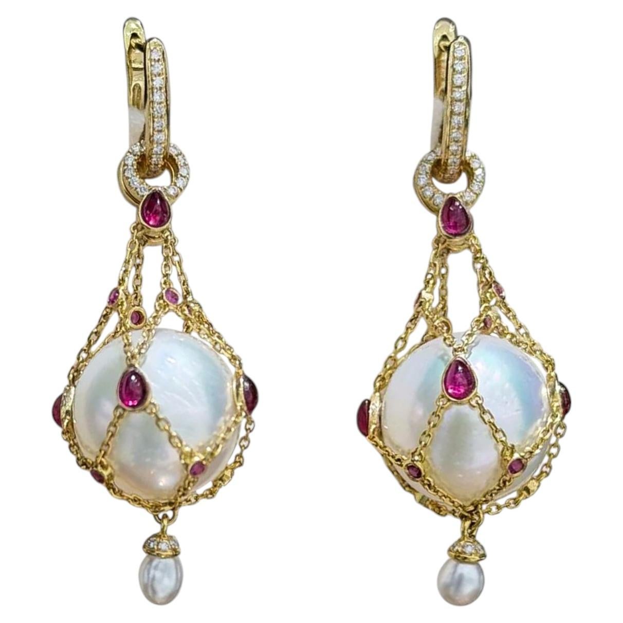 【Caelmare】Regal South Sea Pearl Ruby Drop Earrings