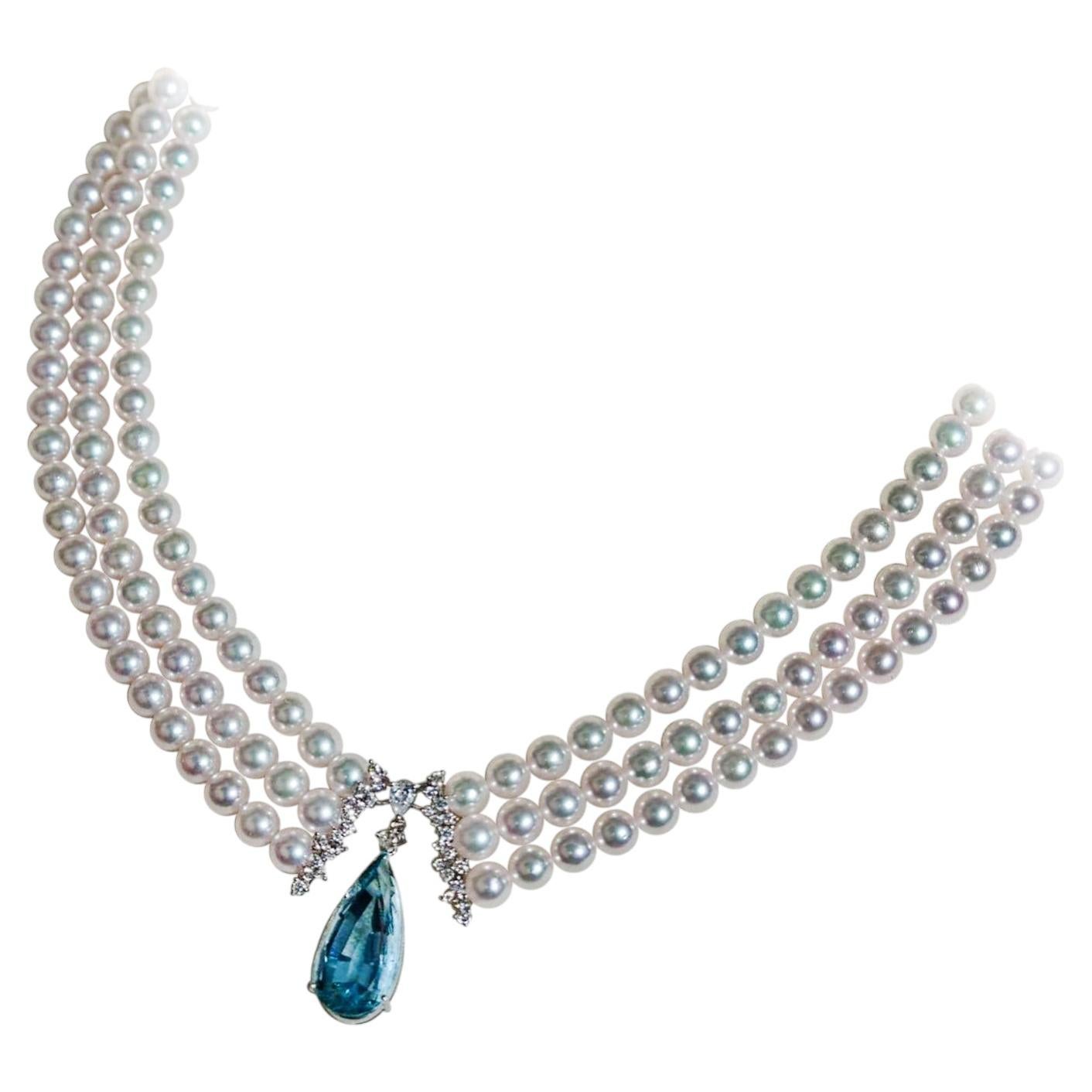 【Caelmare】Santa Maria Aquamarine Triple Akoya Pearl Necklace