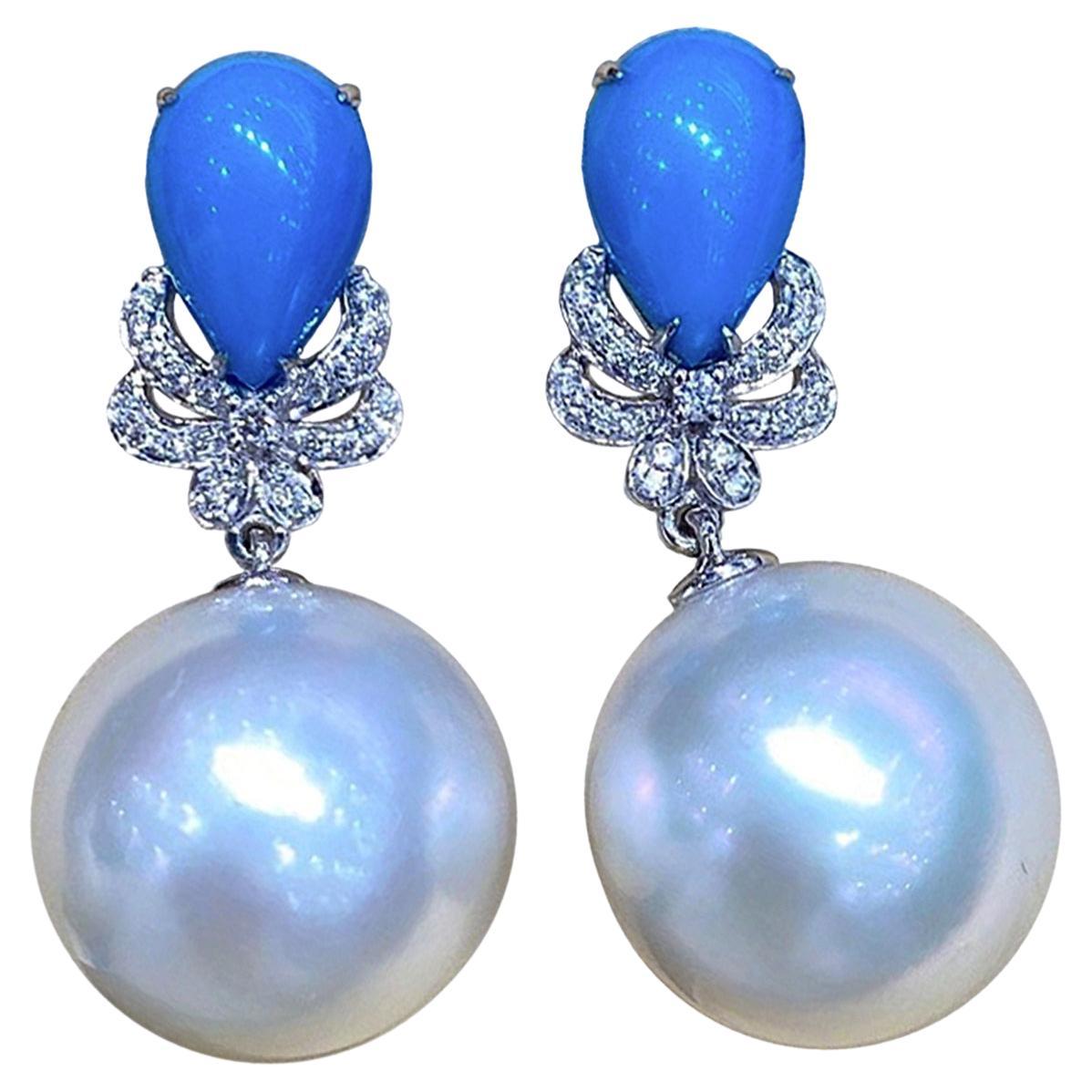 【Caelmare】Turquesa Bloom Aurora South Sea Pearl Diamond Drop Earrings