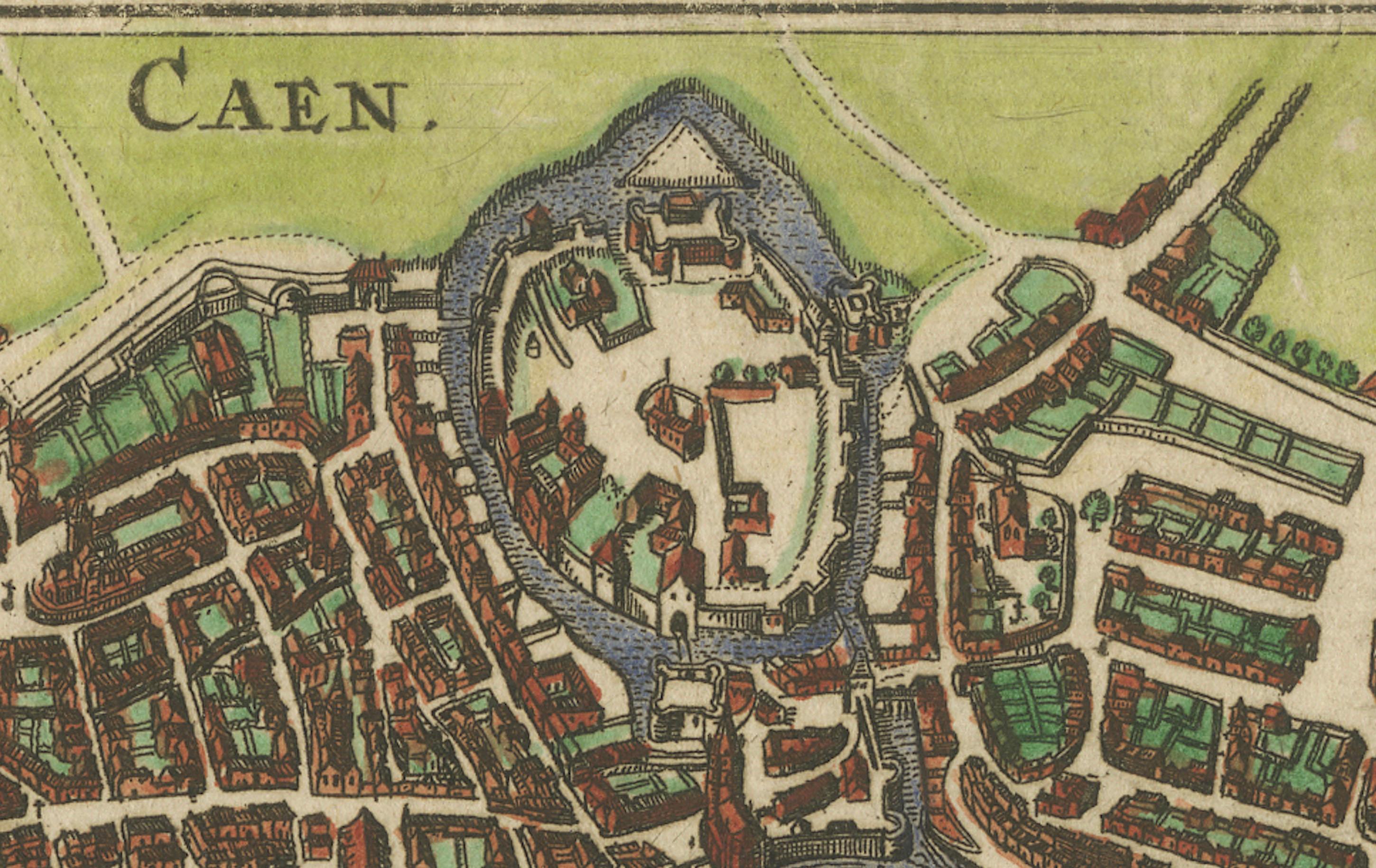 Caen – Antique Hand-Coloured Normandy Town Plan Engraving (1666)