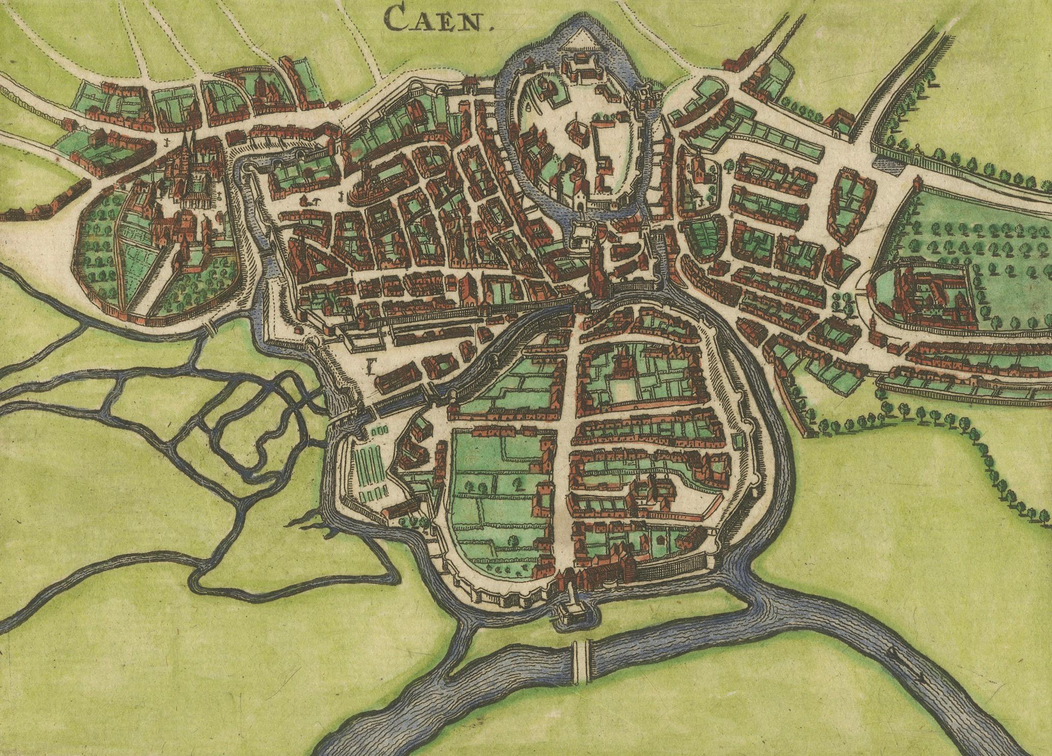 Caen – Antique Hand-Coloured Normandy Town Plan Engraving (1666)
