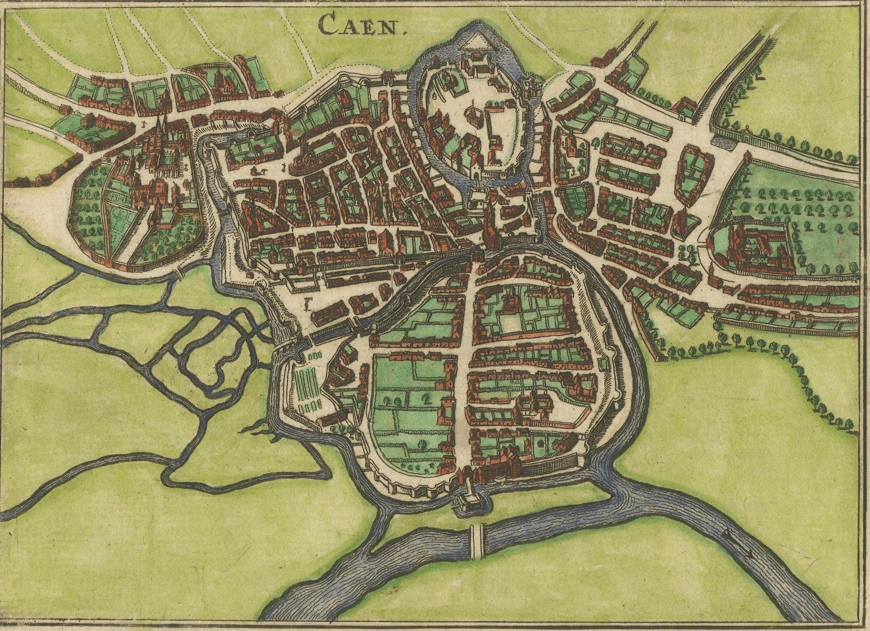 Caen – Antique Hand-Coloured Normandy Town Plan Engraving (1666)