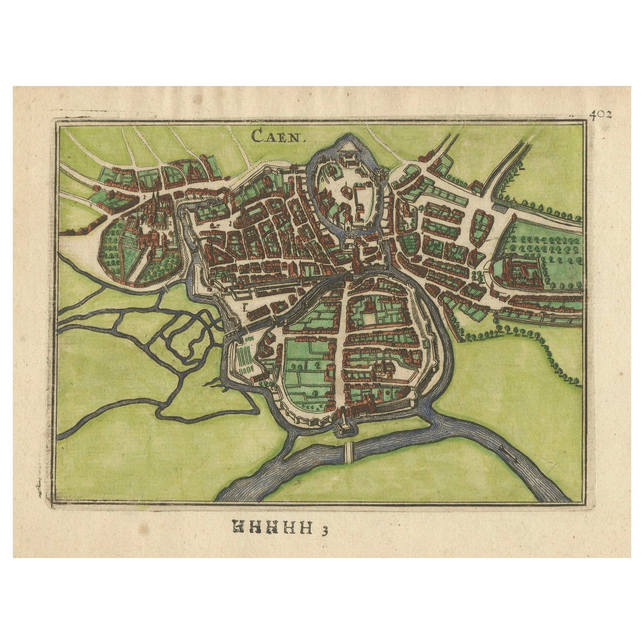 Caen - Antiker handkolorierter Kupferstich eines Stadtplans der Normandie (1666)