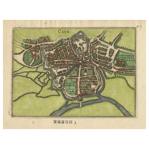 Caen – Antique Hand-Coloured Normandy Town Plan Engraving (1666)