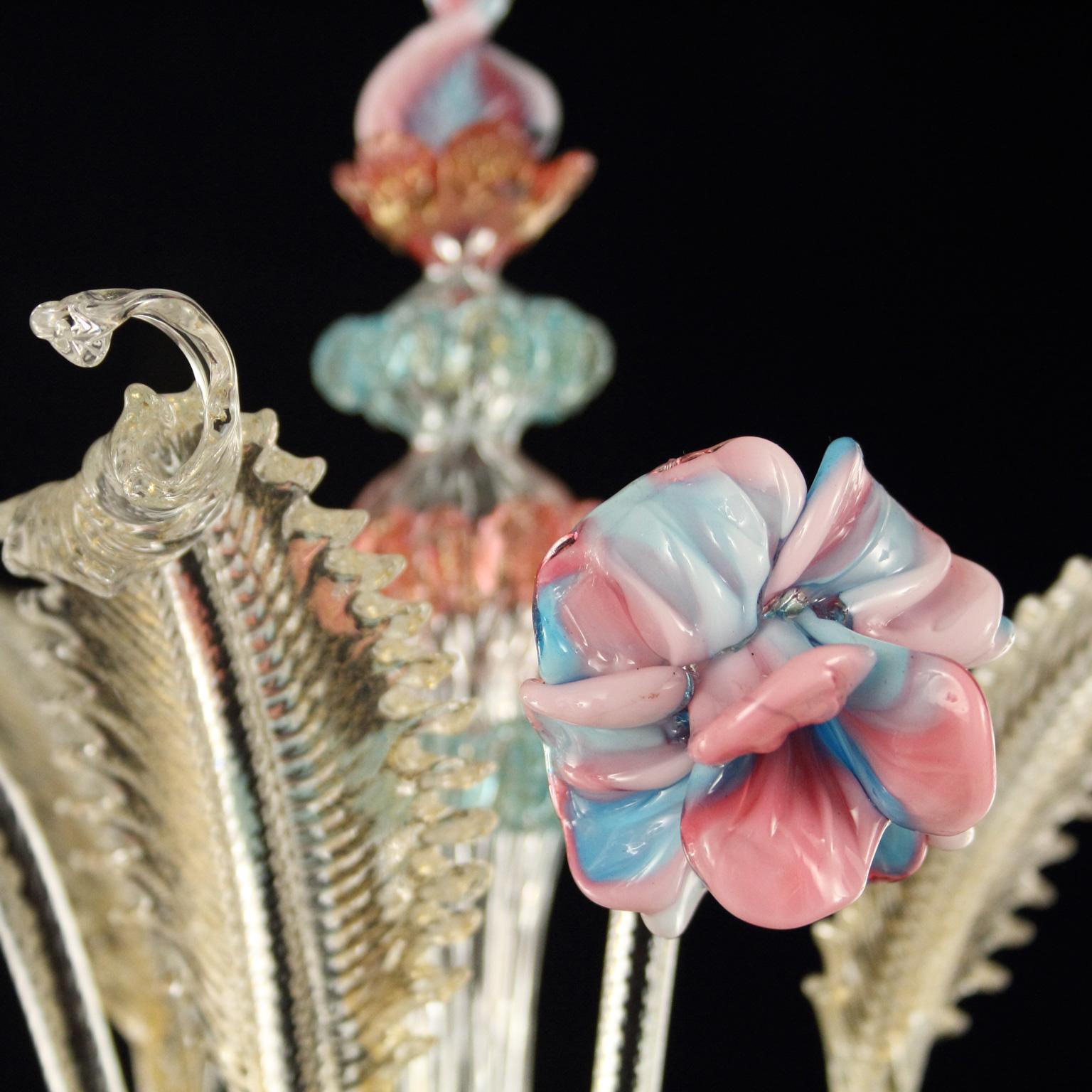 César de pared de 3 luces, cristal y oro, flores de pasta vítrea, detalles en rosa y azul claro de Multiforme.
Tanto el nombre como la estructura evocan el esplendor de los siglos pasados. Es un modelo imperecedero, un producto clásico fabricado por