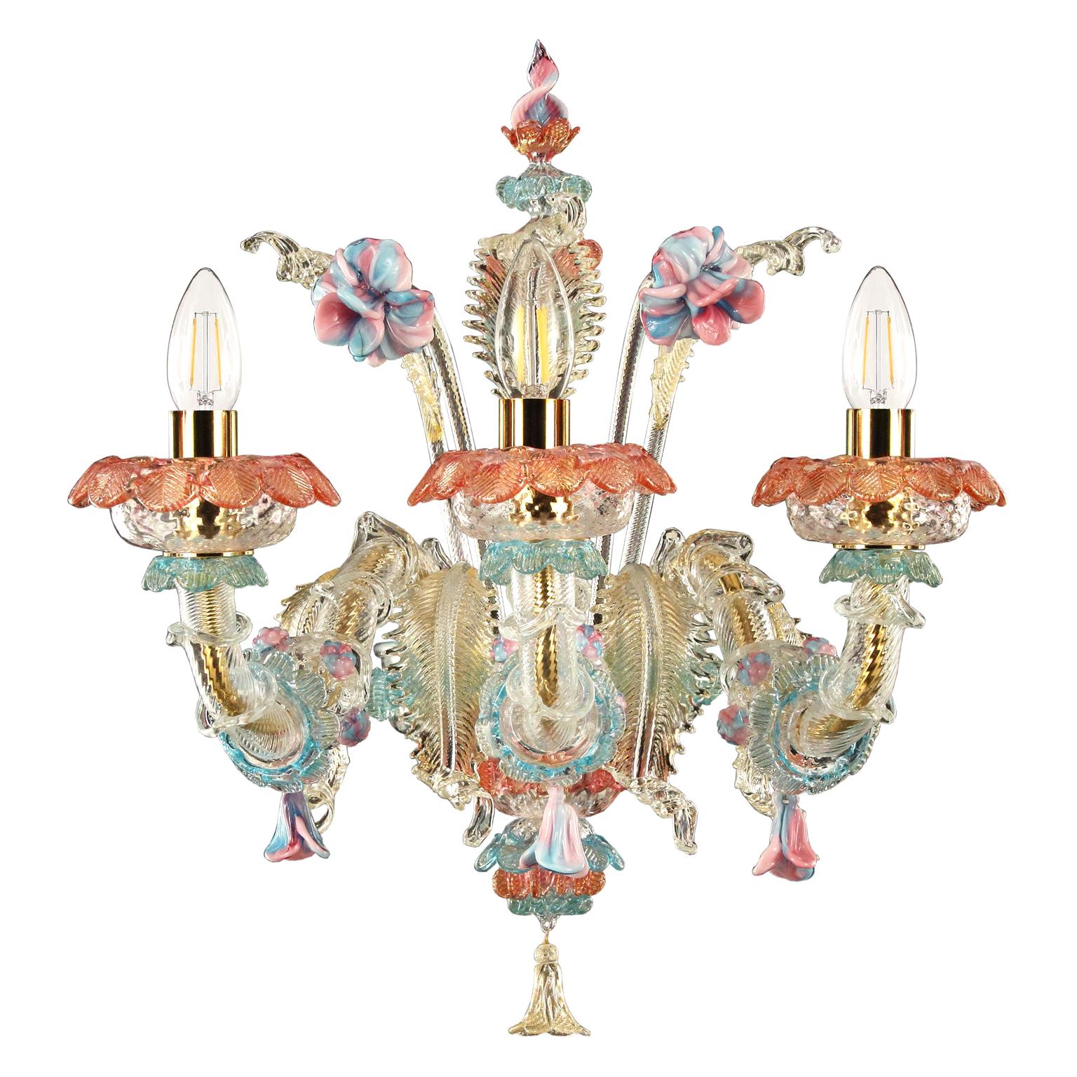 Sconce 3 arms Crystal and Gold, details in Pink and Light Blue by Multiforme For Sale