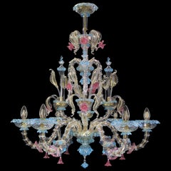 Rezzonico-Kronleuchter mit 6 Armen aus klarem Murano-Türkis- und Rosa-Goldglas von Multiforme