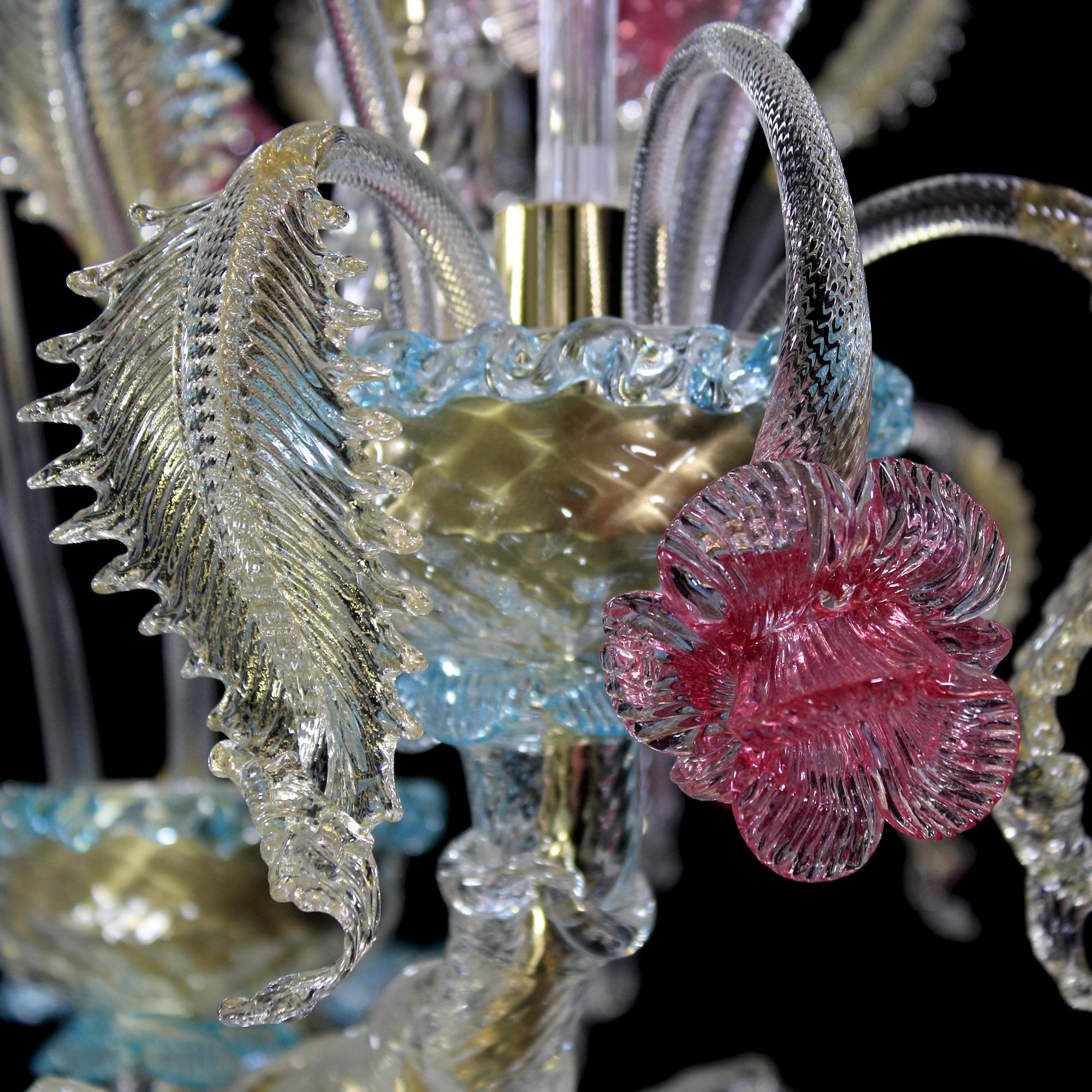 Other Rezzonico Chandelier 6 arms Clear Murano Turquoise Pink Gold Glass by Multiforme For Sale