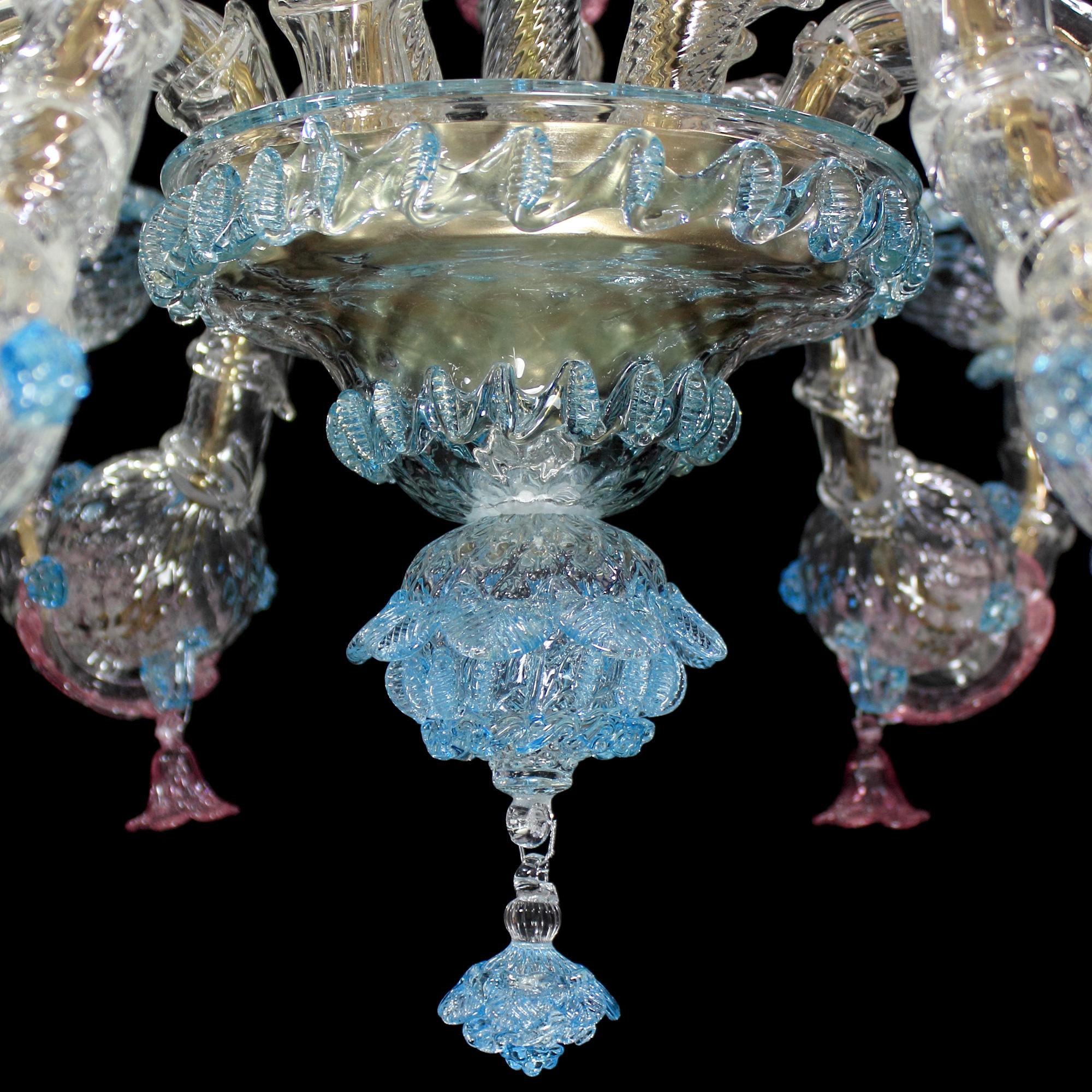 Italian Rezzonico Chandelier 6 arms Clear Murano Turquoise Pink Gold Glass by Multiforme For Sale