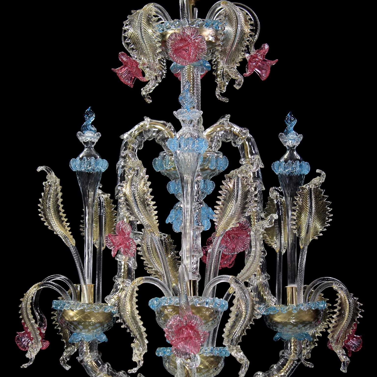 Rezzonico Chandelier 6 arms Clear Murano Turquoise Pink Gold Glass by Multiforme In New Condition For Sale In Trebaseleghe, IT