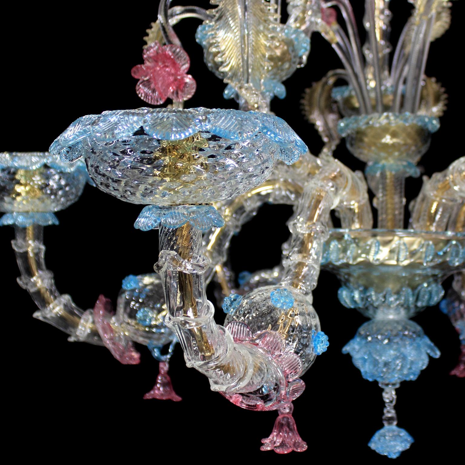 Contemporary Rezzonico Chandelier 6 arms Clear Murano Turquoise Pink Gold Glass by Multiforme For Sale