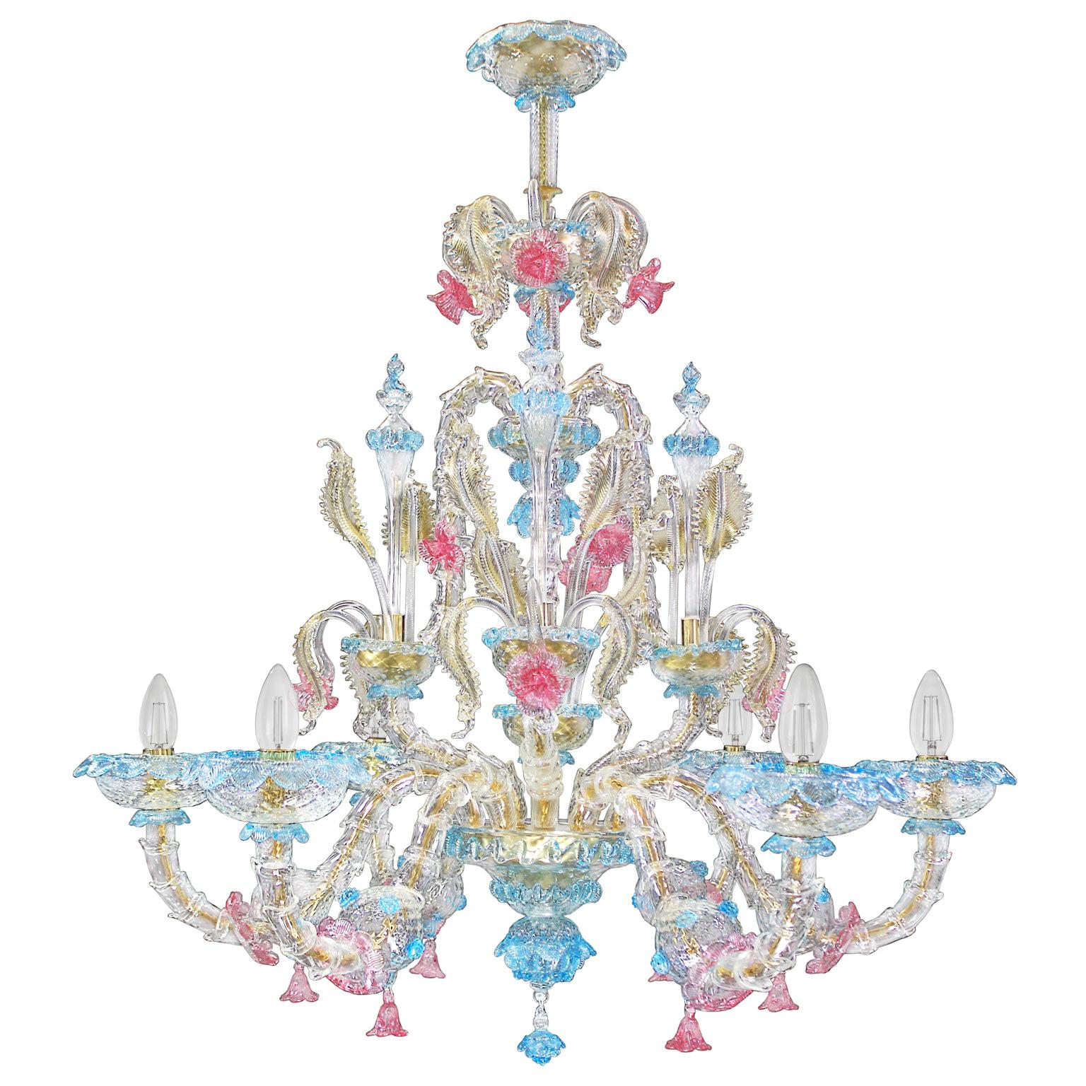 Rezzonico Chandelier 6 arms Clear Murano Turquoise Pink Gold Glass by Multiforme