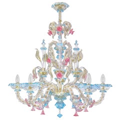 Lampadario Rezzonico a 6 bracci in vetro trasparente di Murano turchese rosa oro di Multiforme