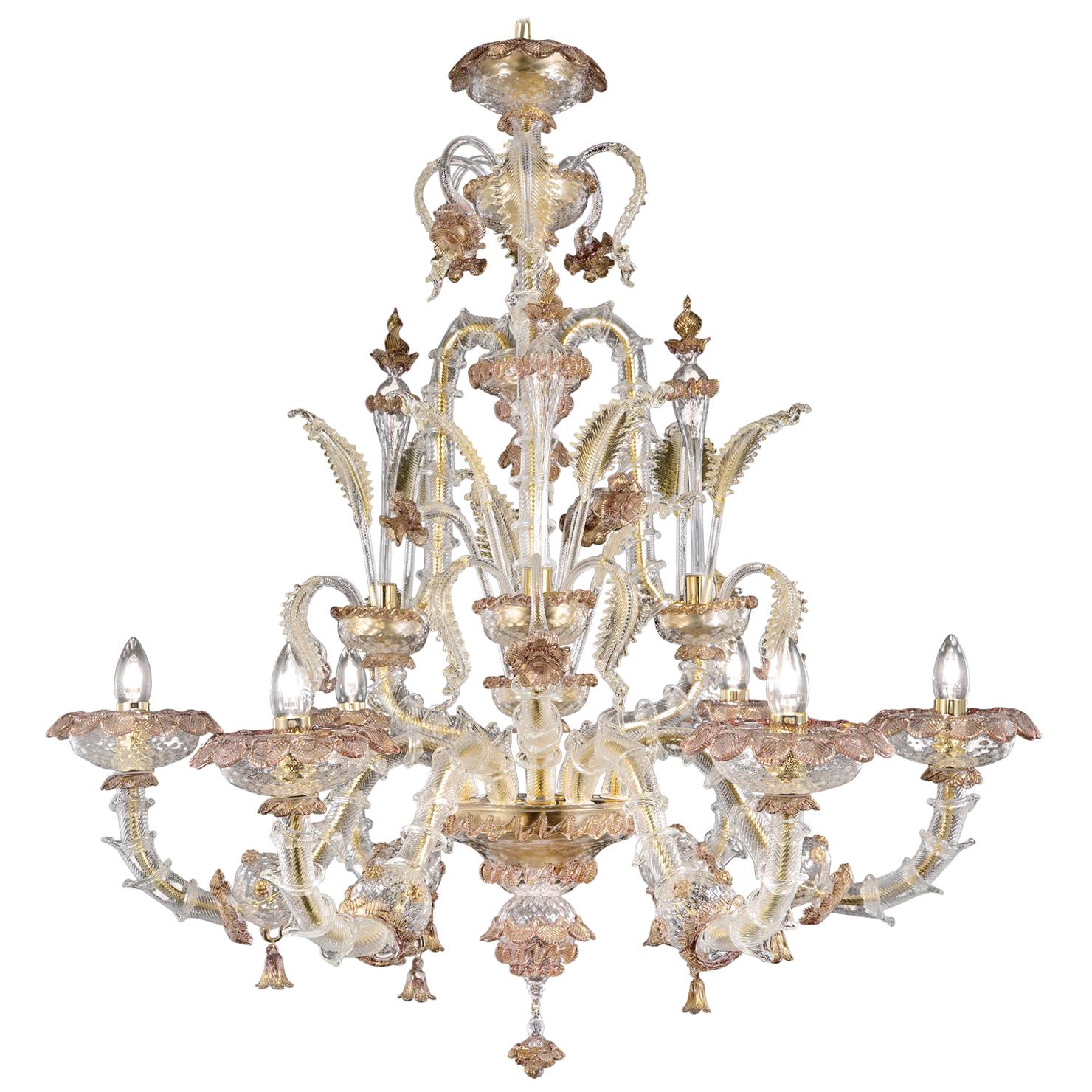 Chandelier 6 arms Crystal and Gold Murano glass  Amethyst Details by Multiforme