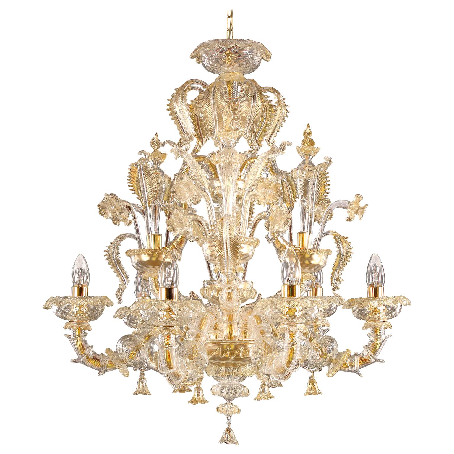 Rezzonico Murano glass Chandelier 6 arms Golden Leaf Caesar by Multiforme For Sale