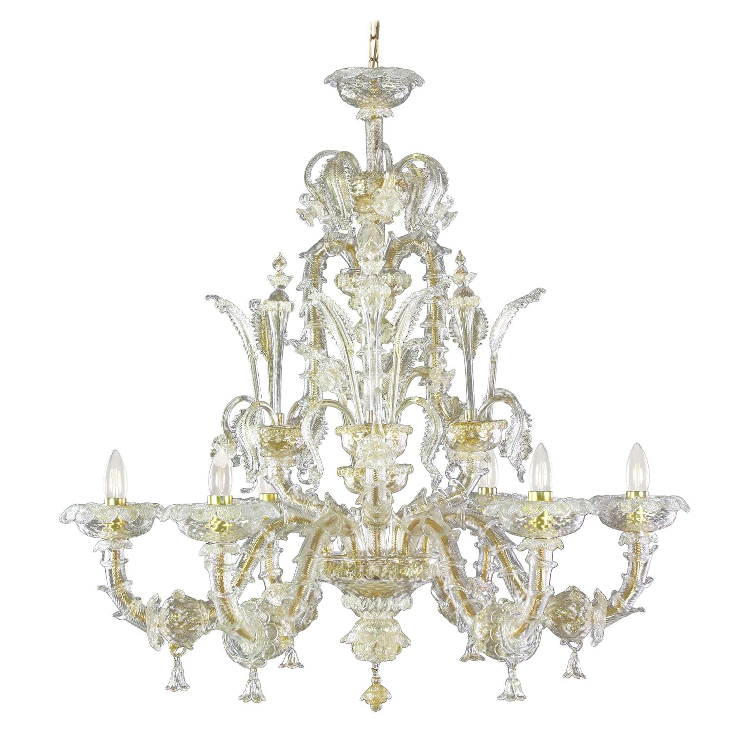 Rezzonico Chandelier 6 arms Crystal and Gold Details Caesar by Multiforme For Sale