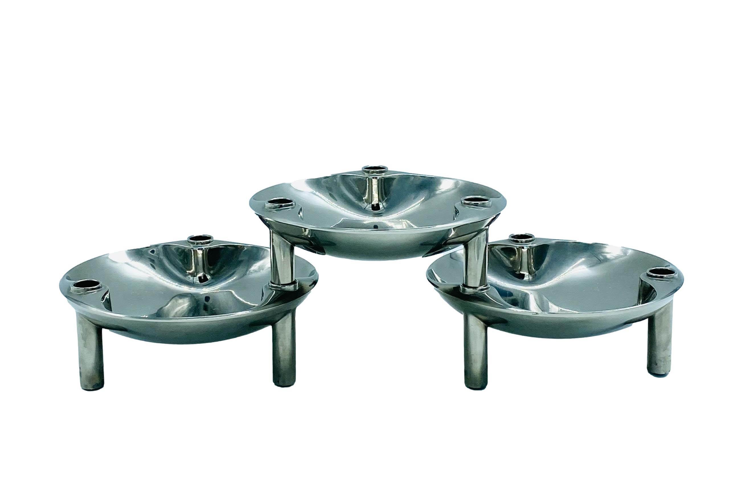 Caesar Stoffi and Fritz Nagel Set of 3 Nickel Dishes Candelholders, Germany 1960 In Good Condition In Naples, IT