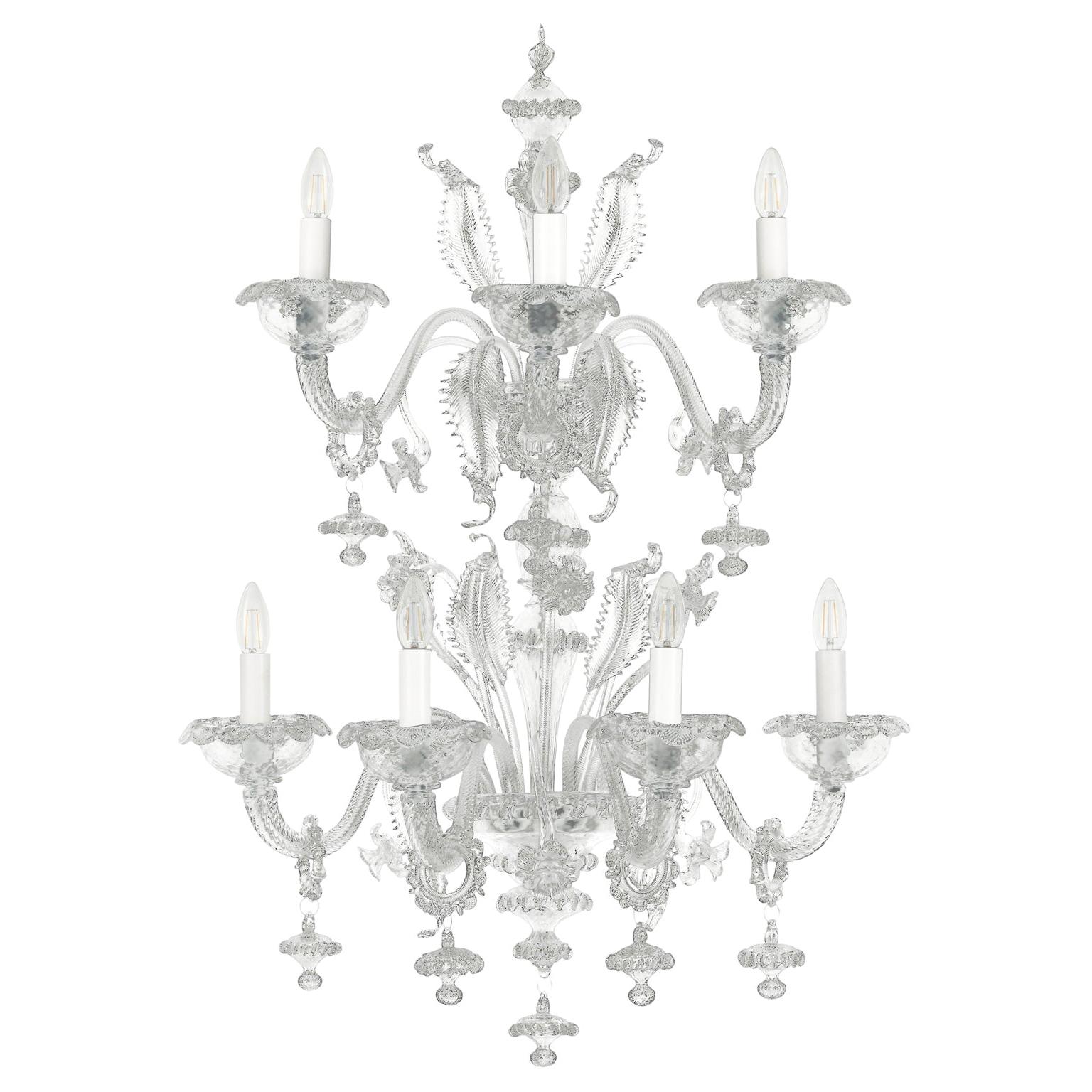 Murano Wall lamp 4+3 arms Double Tier Clear Blown Glass Caesar by Multiforme For Sale