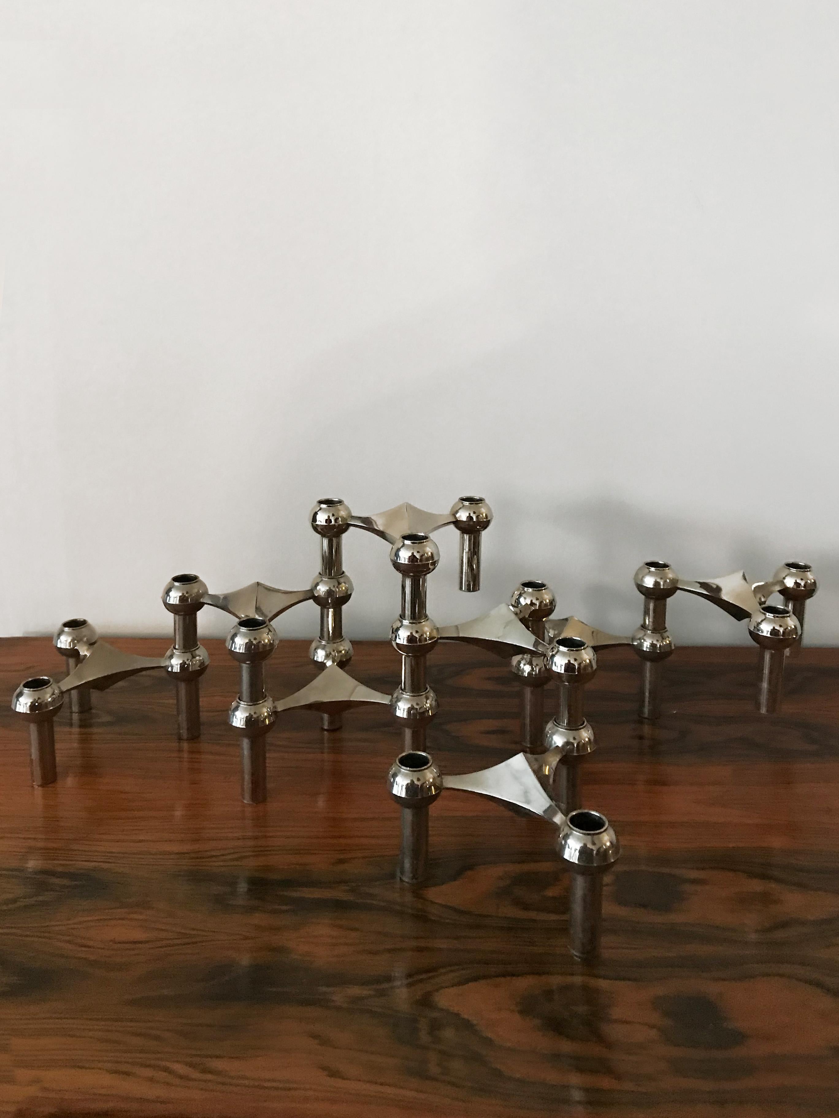 Mid-Century Modern design modular candleholders set in chromed metal
designed by Caeser Stoffi & Fritz Nagel for BMF Nagel, made in Germany from 1960s

Please note that the items are original of the period and this shows normal signs of age and