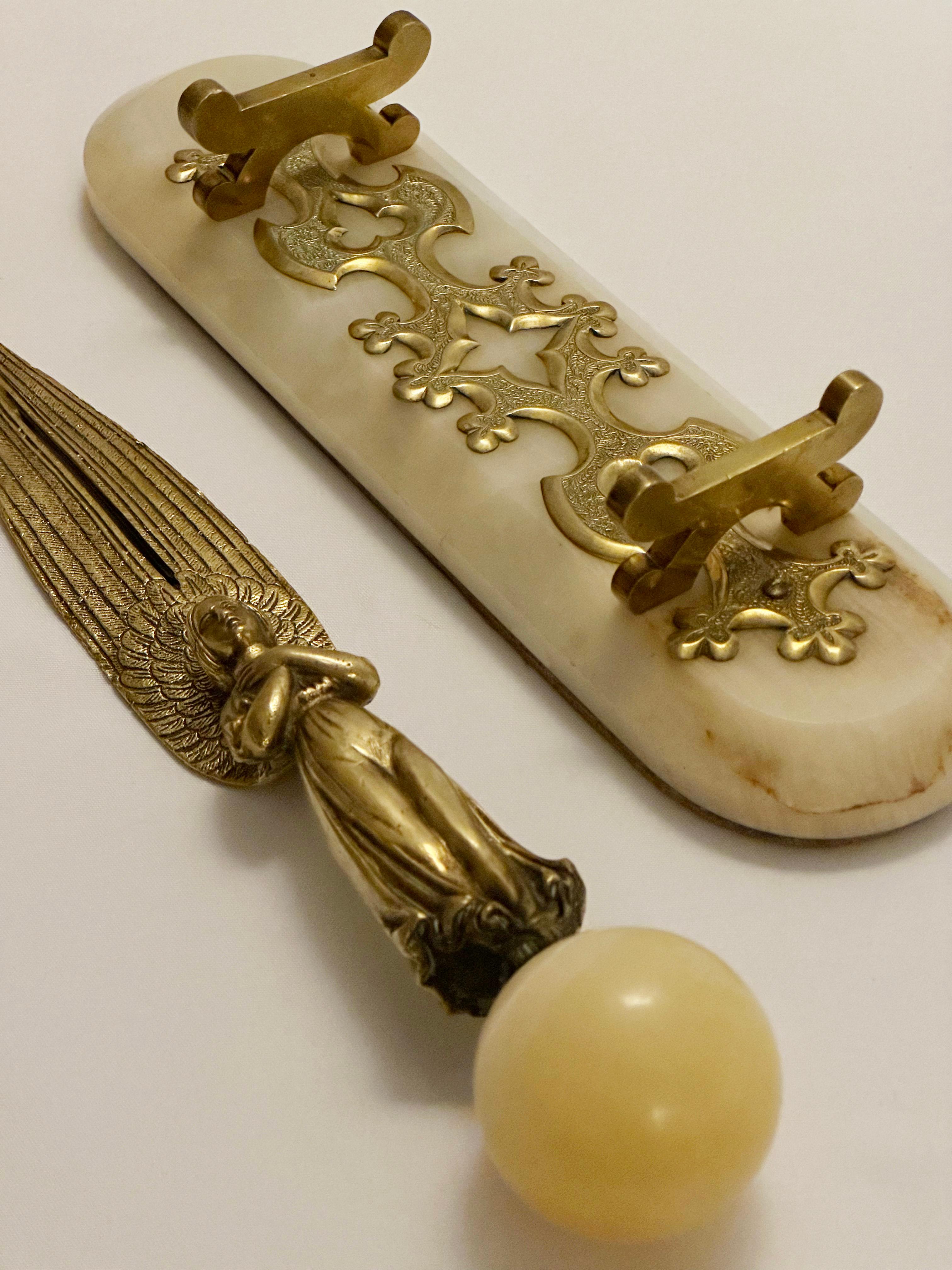 Late 19th Century Victorian, Castellani, Brass Paper Knife, Onyx Decoration, Lux Desk Accessories For Sale