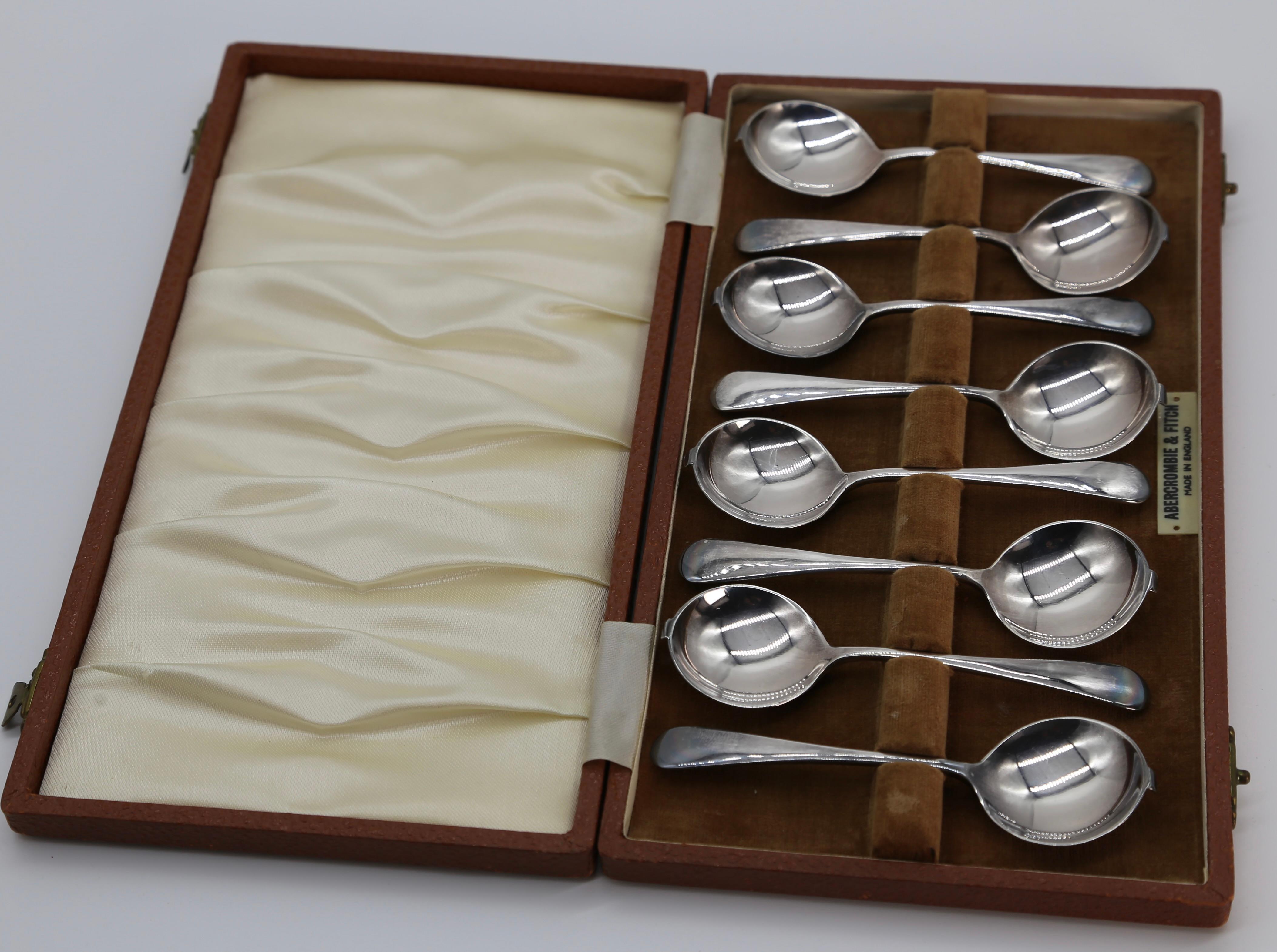 Cafe-Kaffeelöffel Abercrombie & Fitch England 1915 versilbertes Set von acht versilberten Löffeln (Art déco) im Angebot