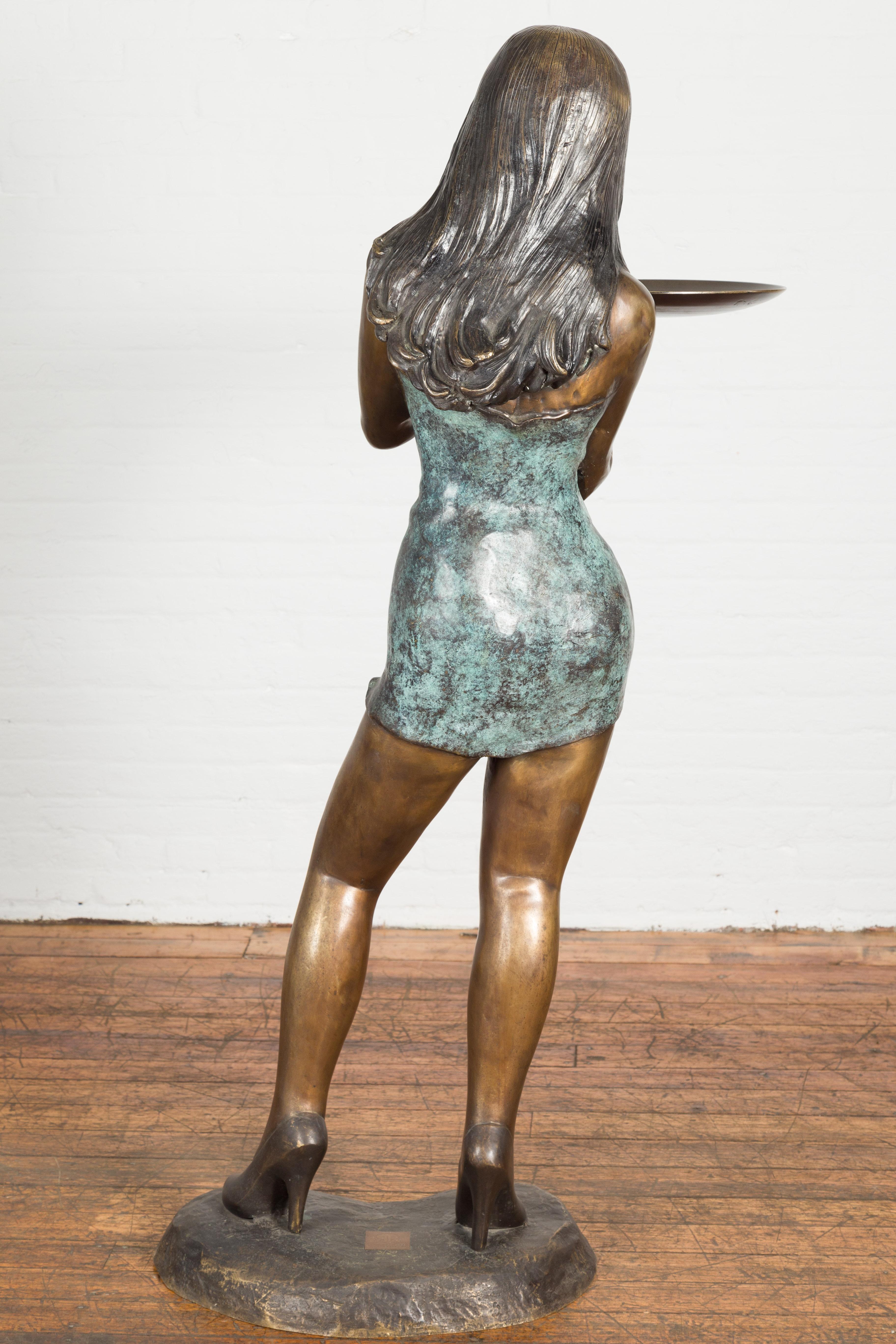 Café Girl, Life Size Bronze Statue with Hand Applied Bronze and Verdigris Patina For Sale 8