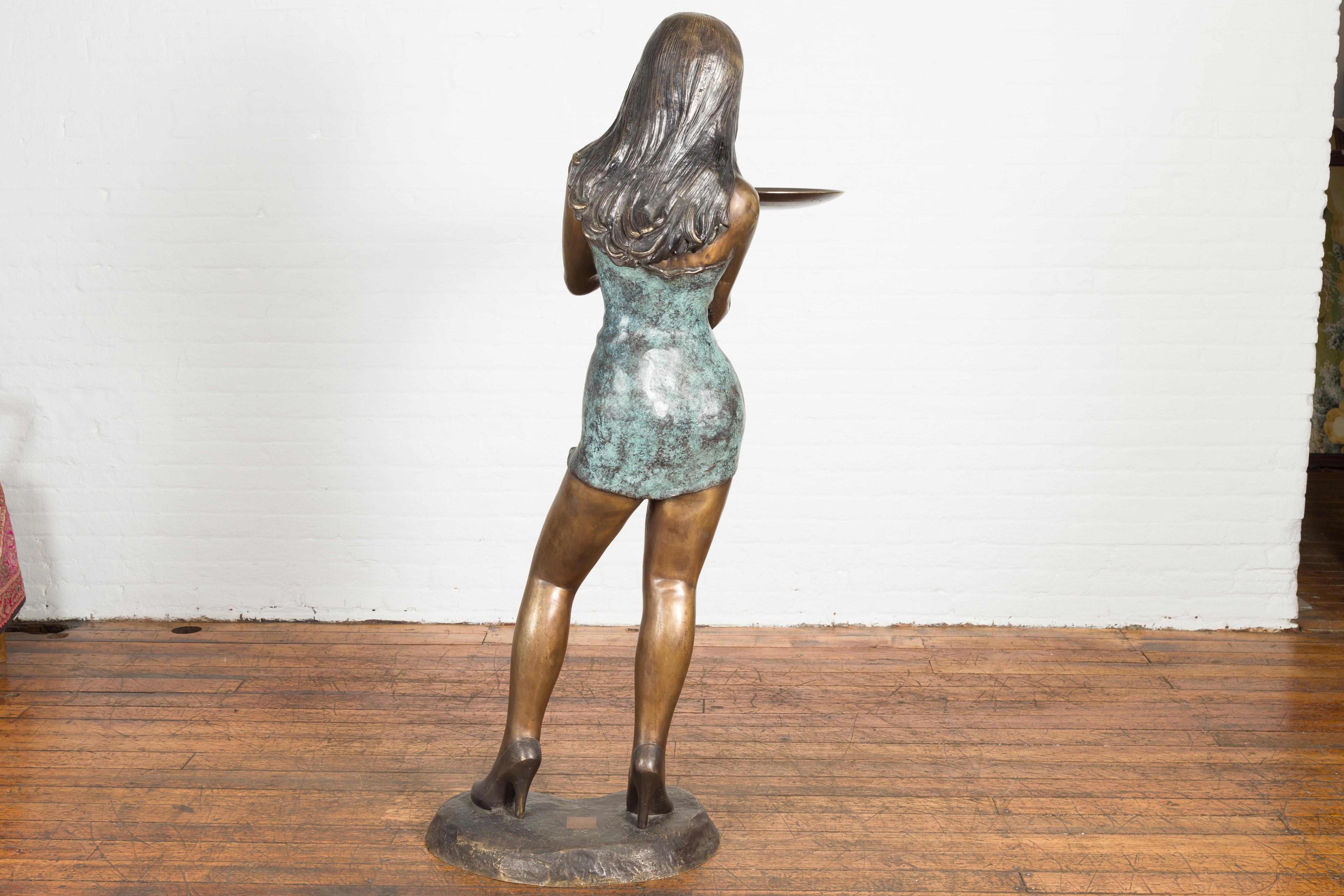 Café Girl, Life Size Bronze Statue with Hand Applied Bronze and Verdigris Patina For Sale 9