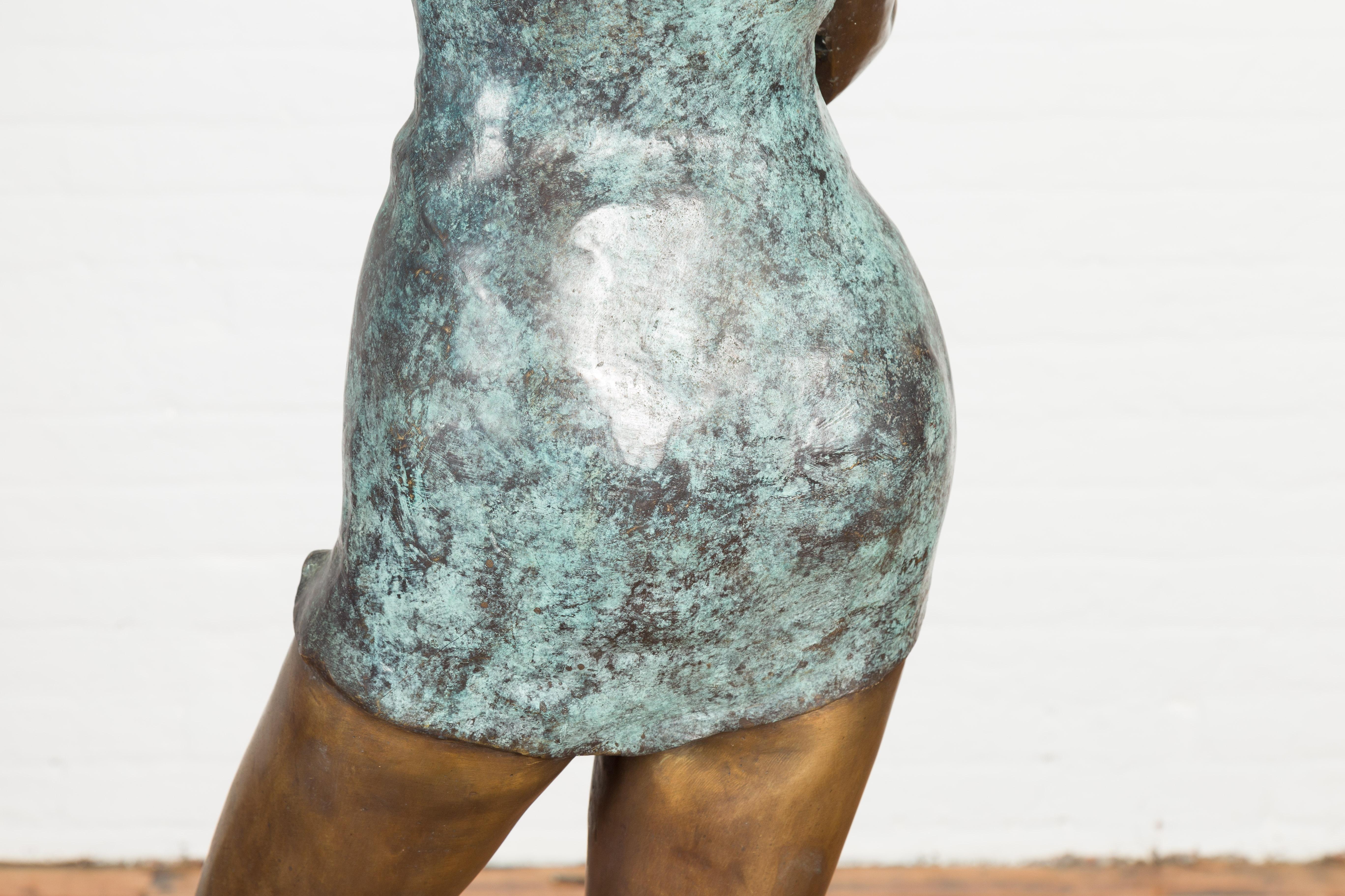 Café Girl, Life Size Bronze Statue with Hand Applied Bronze and Verdigris Patina For Sale 10