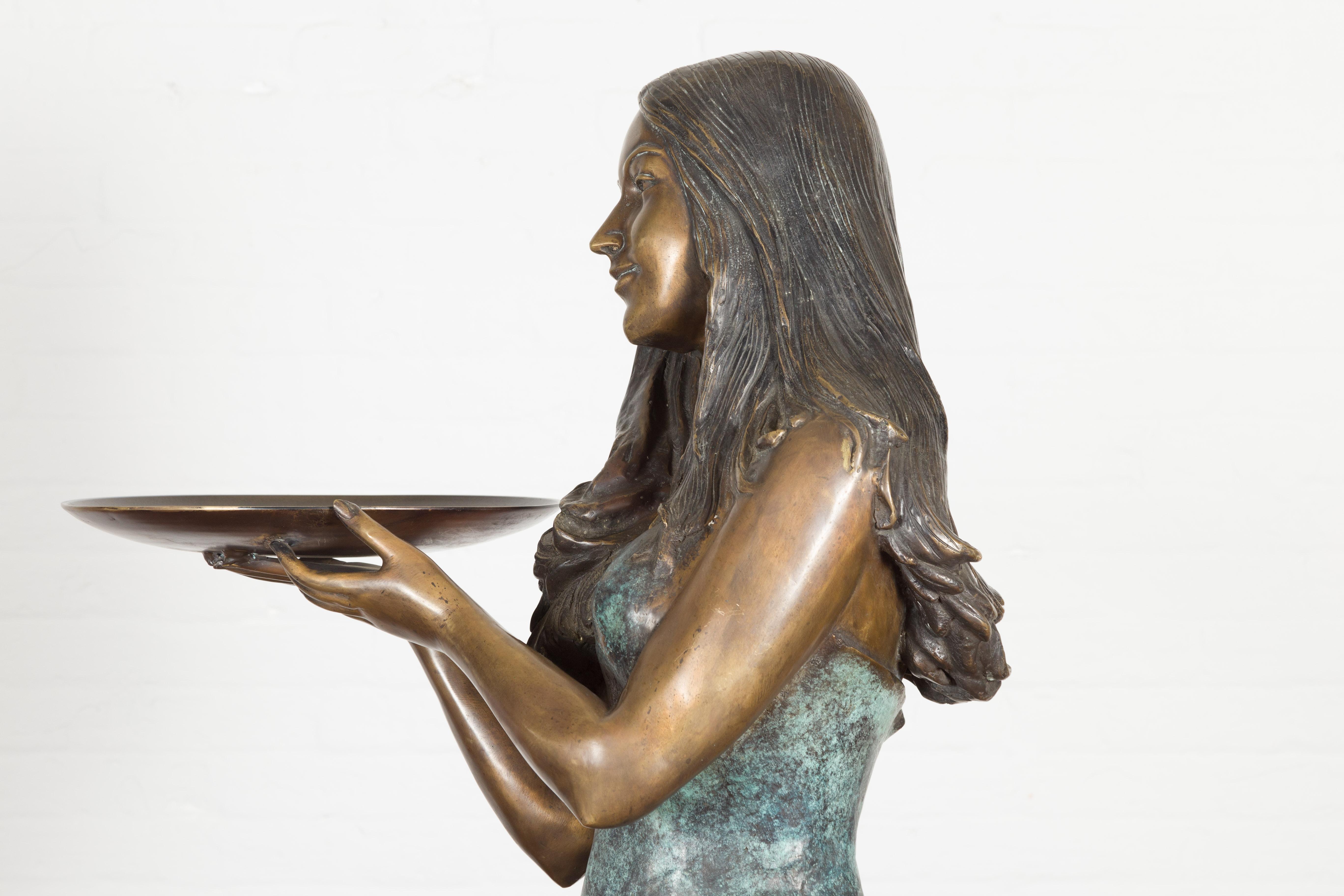 Café Girl, Life Size Bronze Statue with Hand Applied Bronze and Verdigris Patina For Sale 13