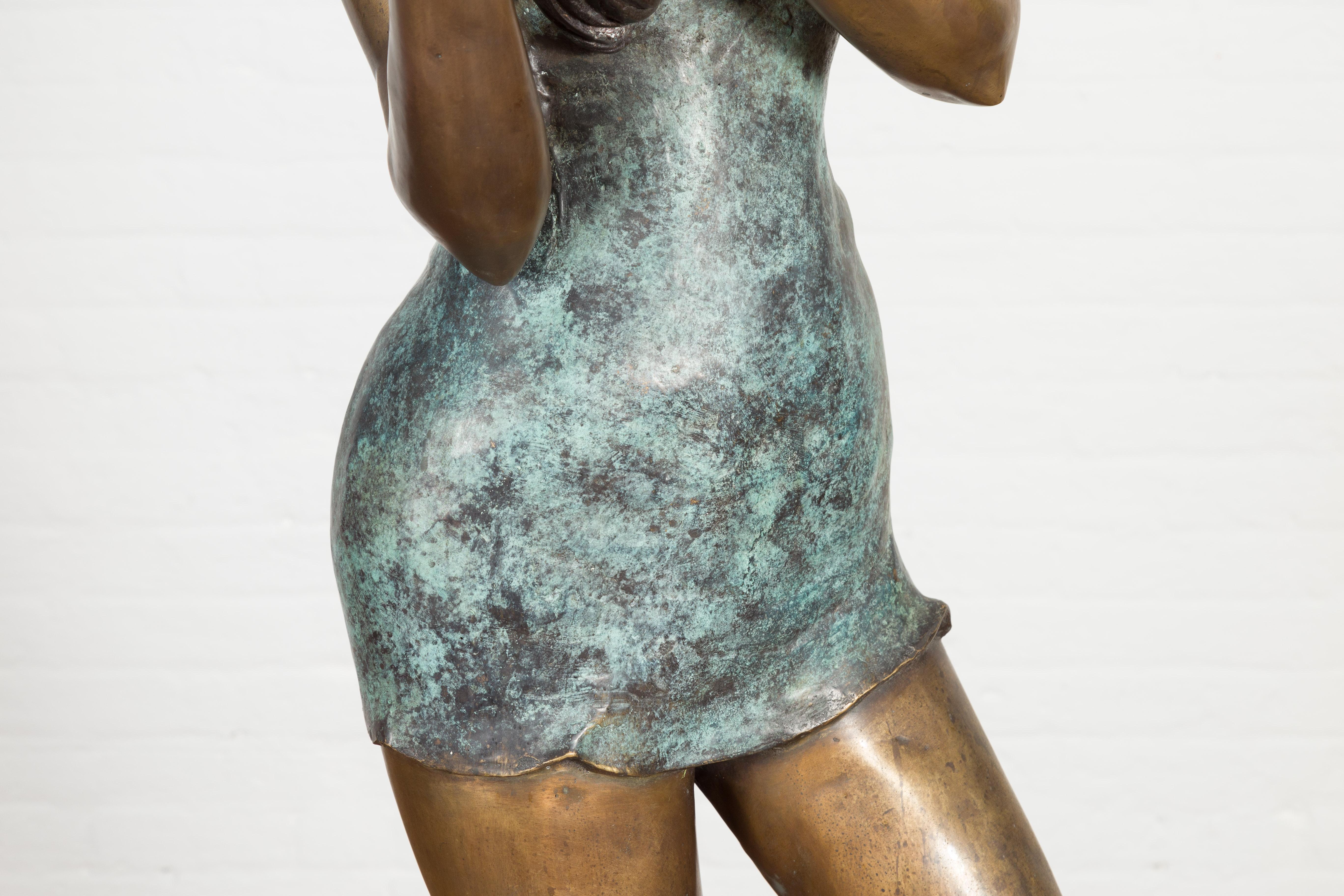 Contemporary Café Girl, Life Size Bronze Statue with Hand Applied Bronze and Verdigris Patina For Sale