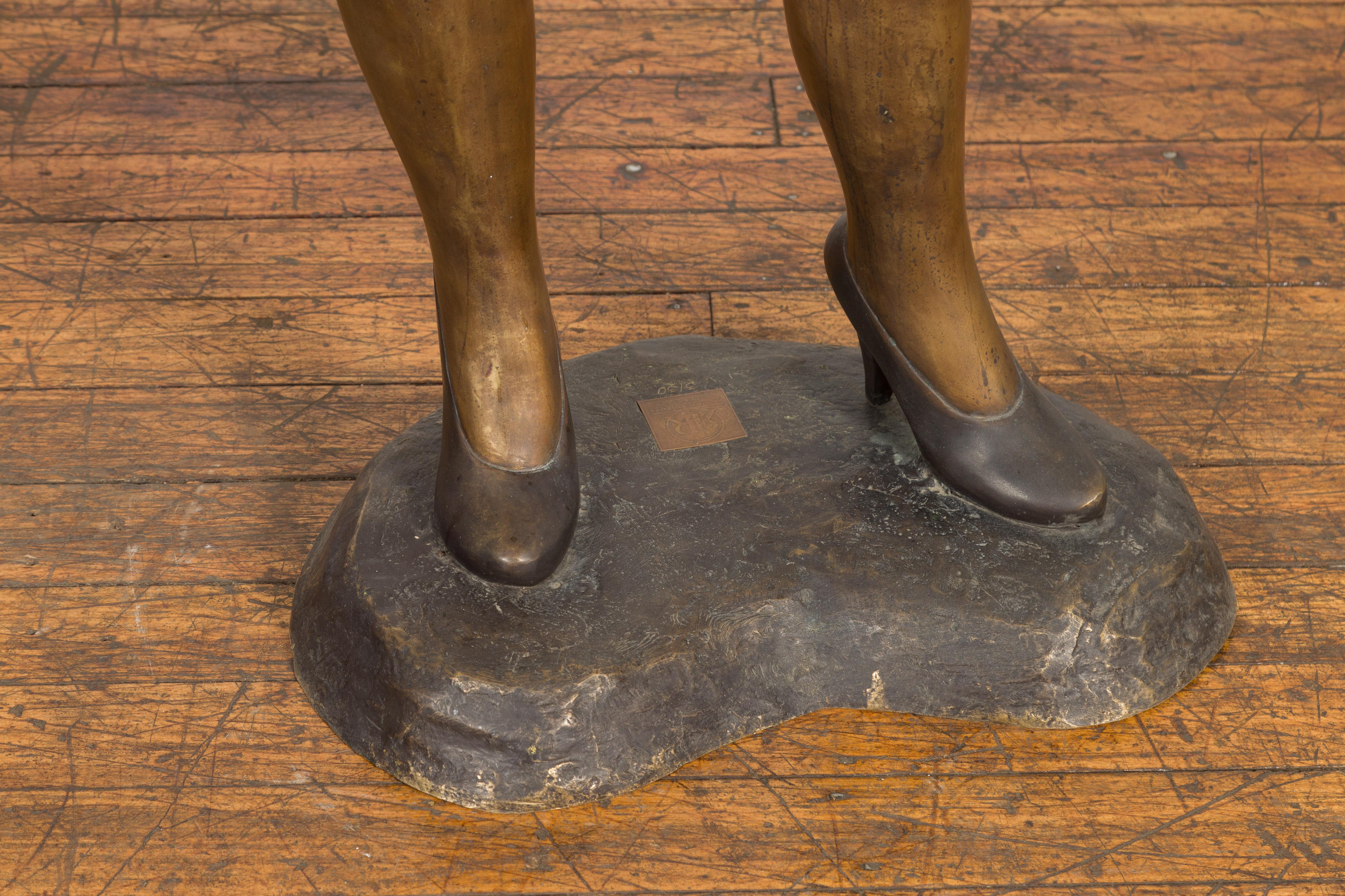 Contemporary Café Girl, Life Size Bronze Statue with Hand Applied Bronze and Verdigris Patina