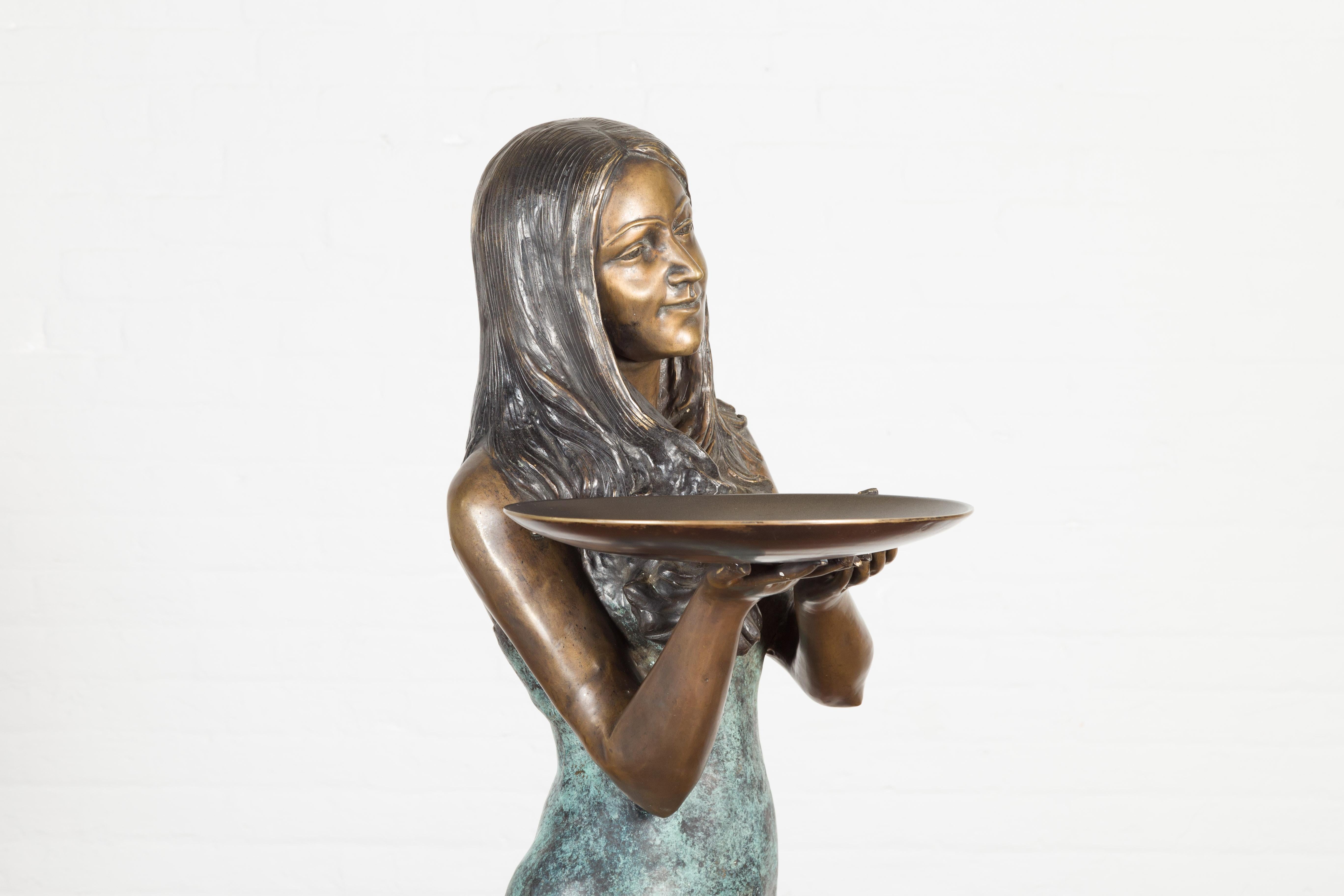 Café Girl, Life Size Bronze Statue with Hand Applied Bronze and Verdigris Patina For Sale 2