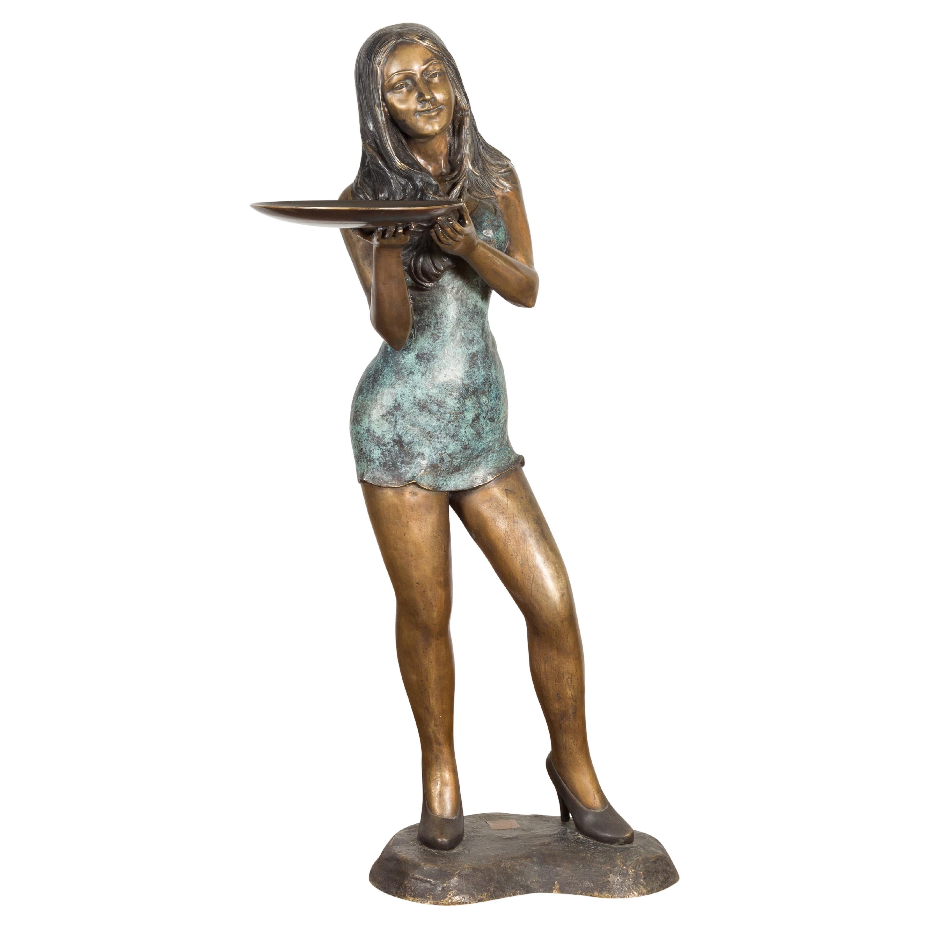 Café Girl, Life Size Bronze Statue with Hand Applied Bronze and Verdigris Patina For Sale