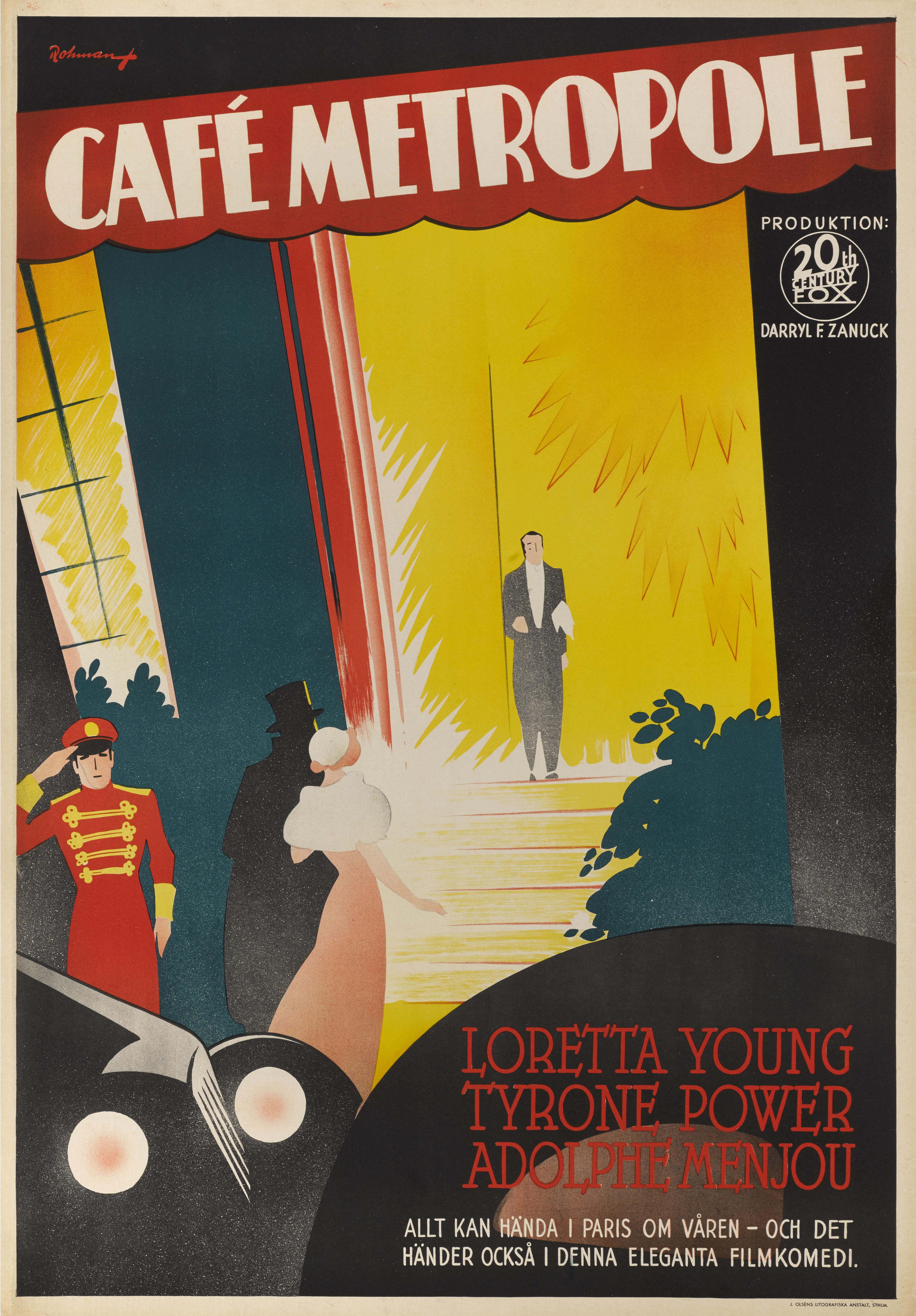 Cartel original sueco de la película romántica de 1937 dirigida por Edward H. Griffith y protagonizada por Loretta Young, Tyrone Power y Adolph Menjou. Durante más de treinta años, este cartel estuvo en una colección privada sueca, y originalmente