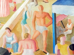 "Cafe on the Beach, " Vivid, Sun-Filled Scene Painting, French Seashore, 1933