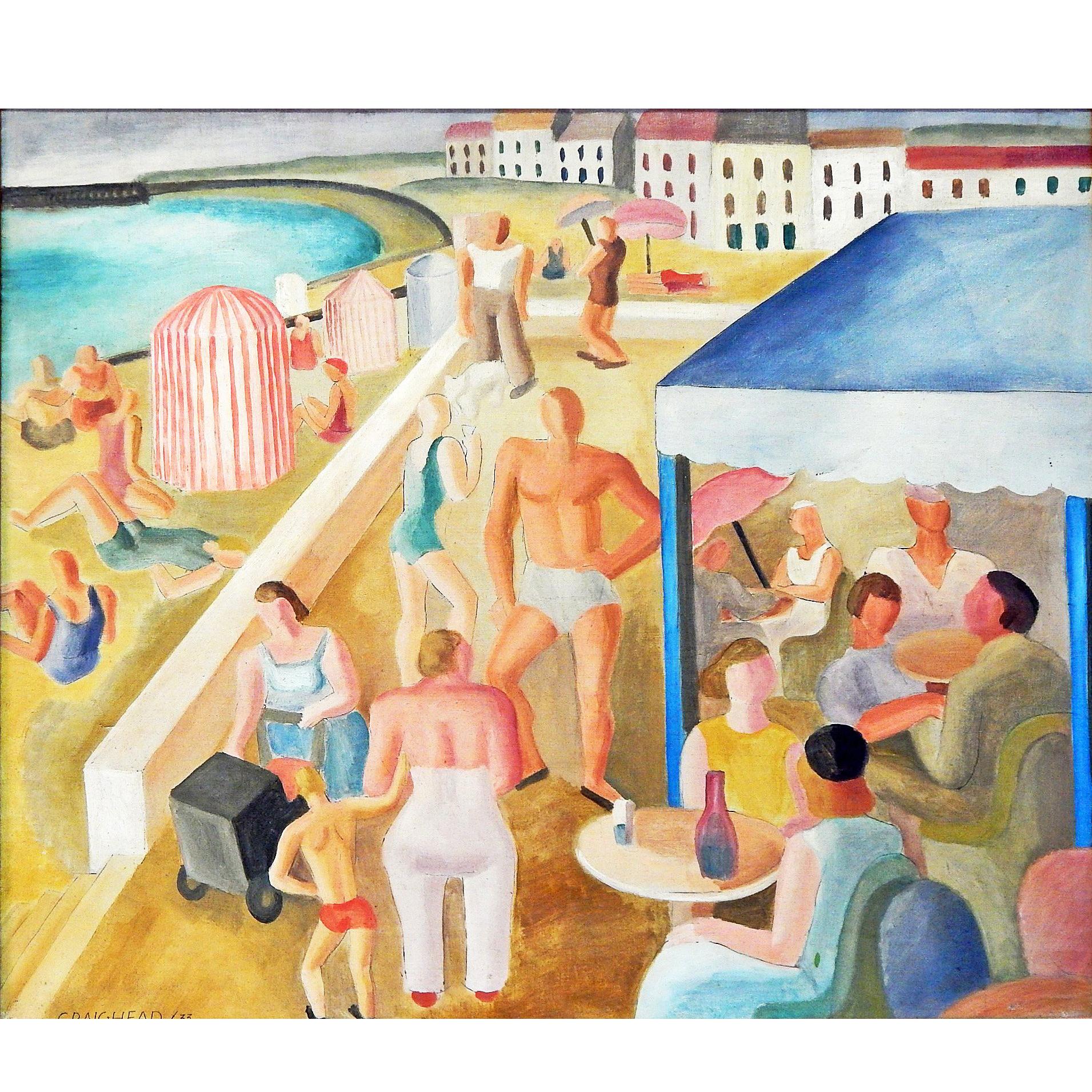 "Cafe on the Beach, " Vivid, Sun-Filled Scene Painting, French Seashore, 1933