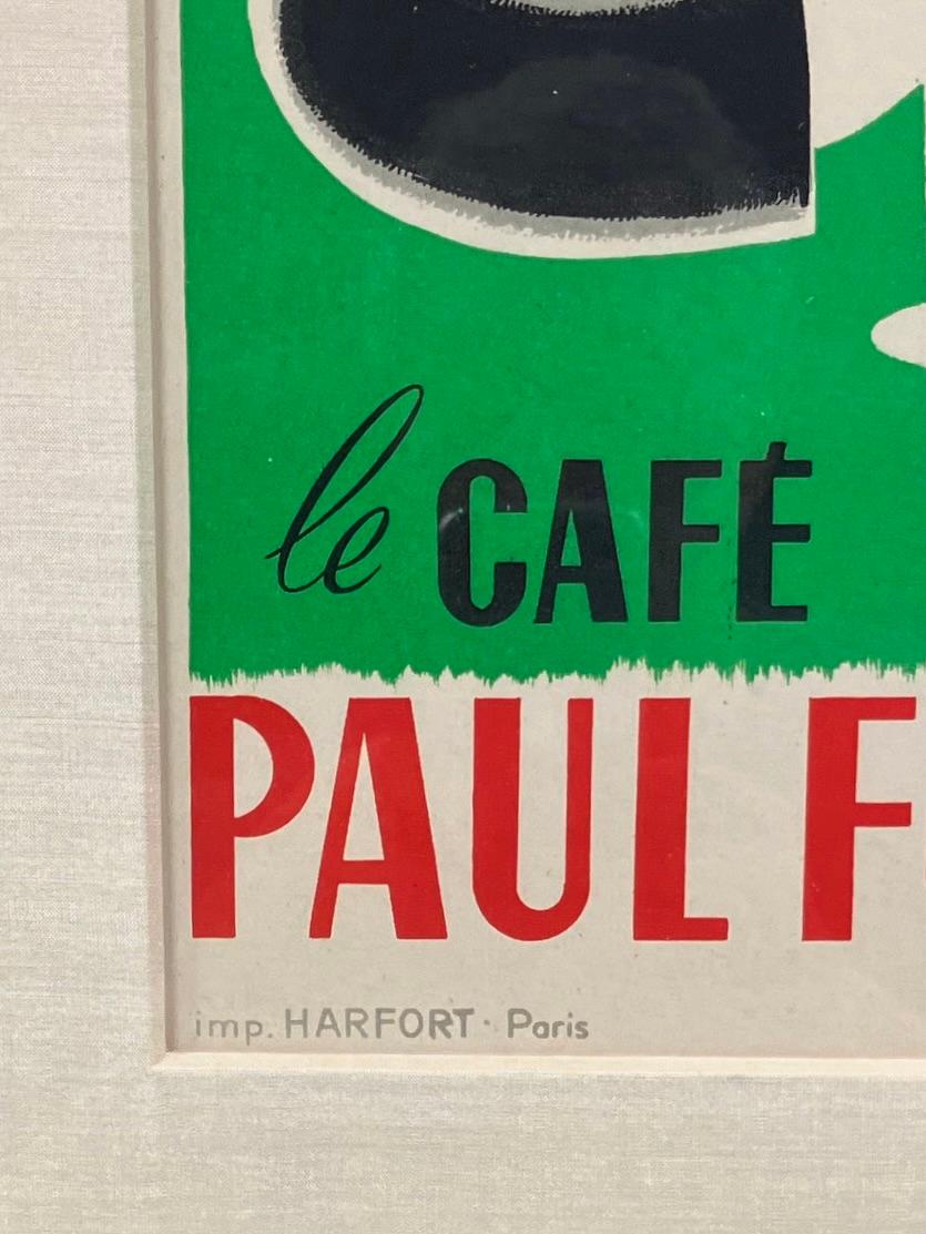 Manifesto pubblicitario litografico originale francese del Cafè Paul Fouquet, 1925-1930 circa. Ora incorniciato in archivio e vetrato con plexiglass resistente ai raggi UV. Provenienza: Sarah Stocking, San Francisco.