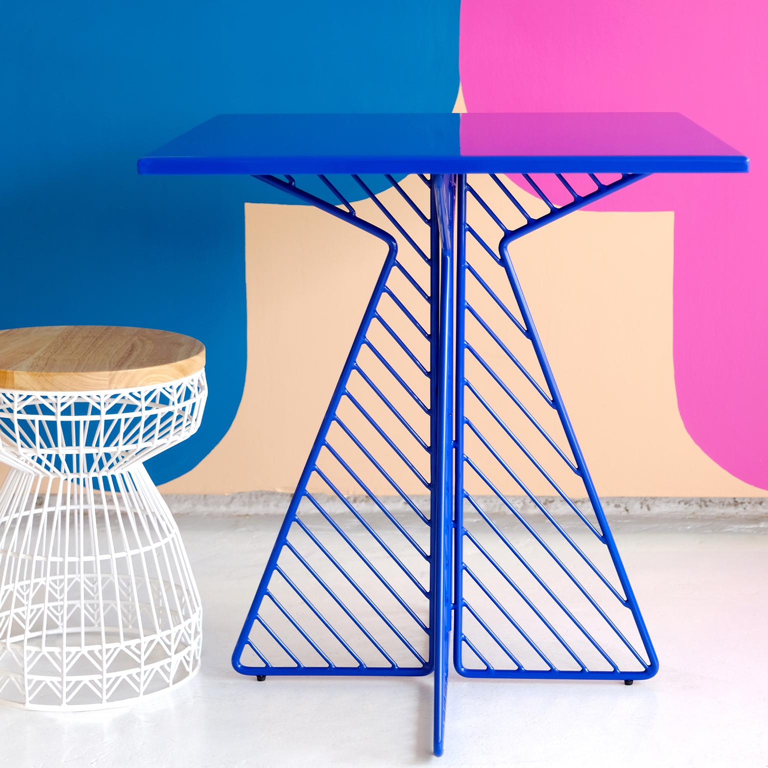 Unknown Cafe Table, Metal Wire Flat Pack Dining Table by Bend Goods in Peacock Blue