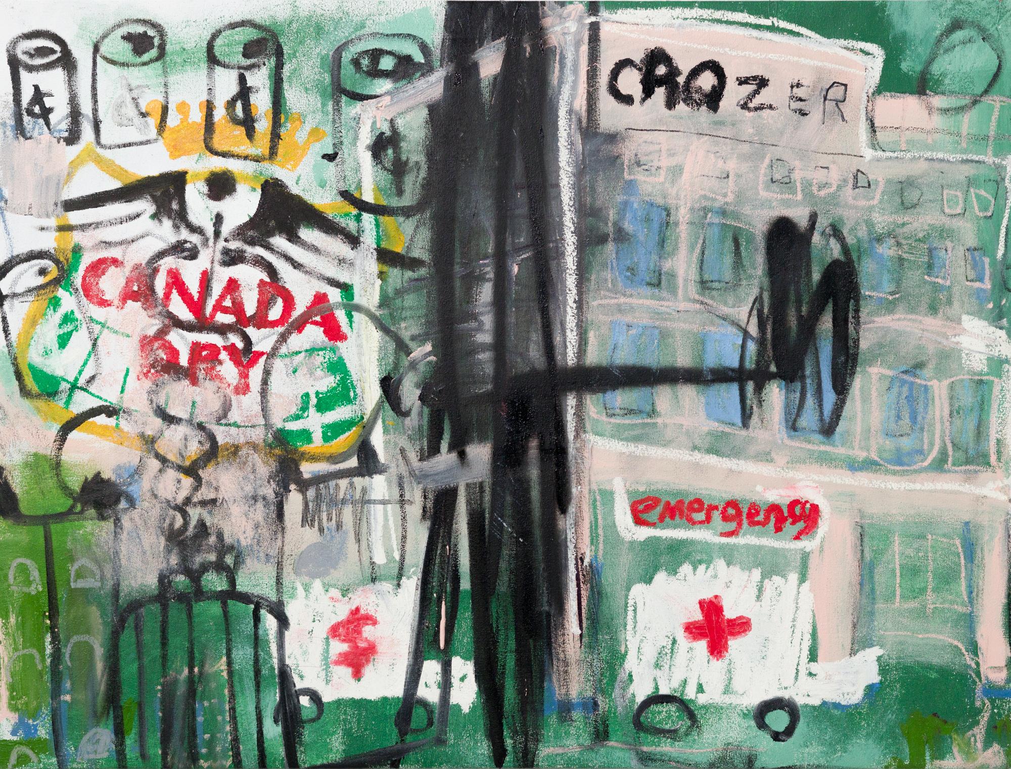 "Black Medicine", Ginger ale, medical disparity, abstract hospital, money - Painting by Caff Adeus