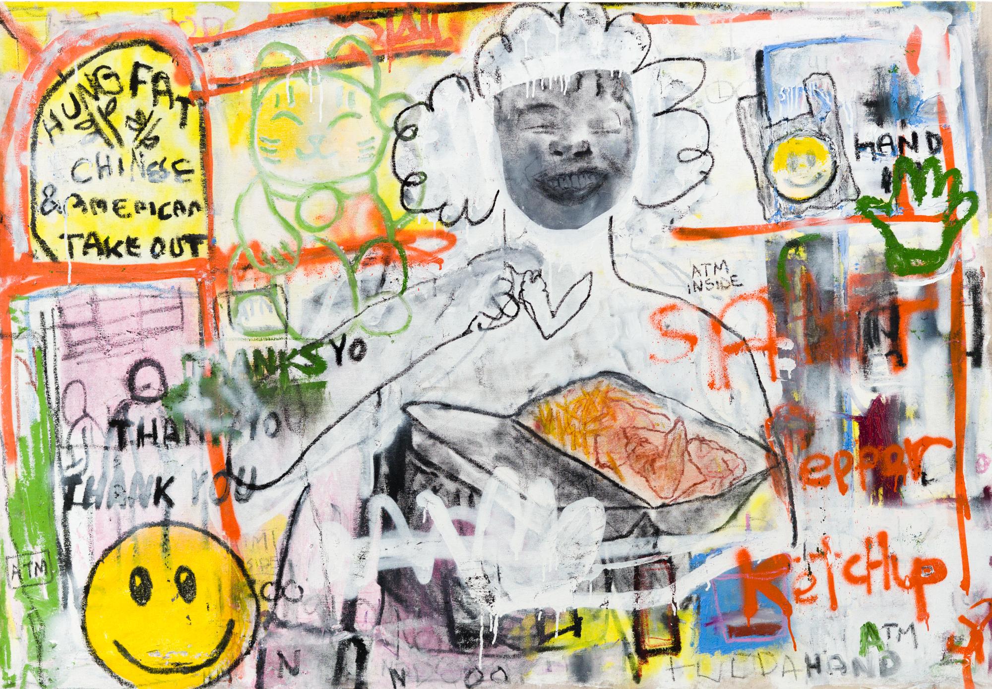 „Salt Pepper Ketchup“, Abstrakte Figur, Logos Essen, Kulturkommentar – Painting von Caff Adeus