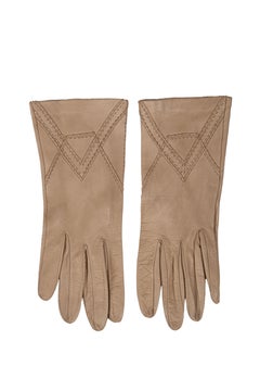 Caffè Latte Beige Smooth Leather Gloves with Geometric Stitching, 1960s
