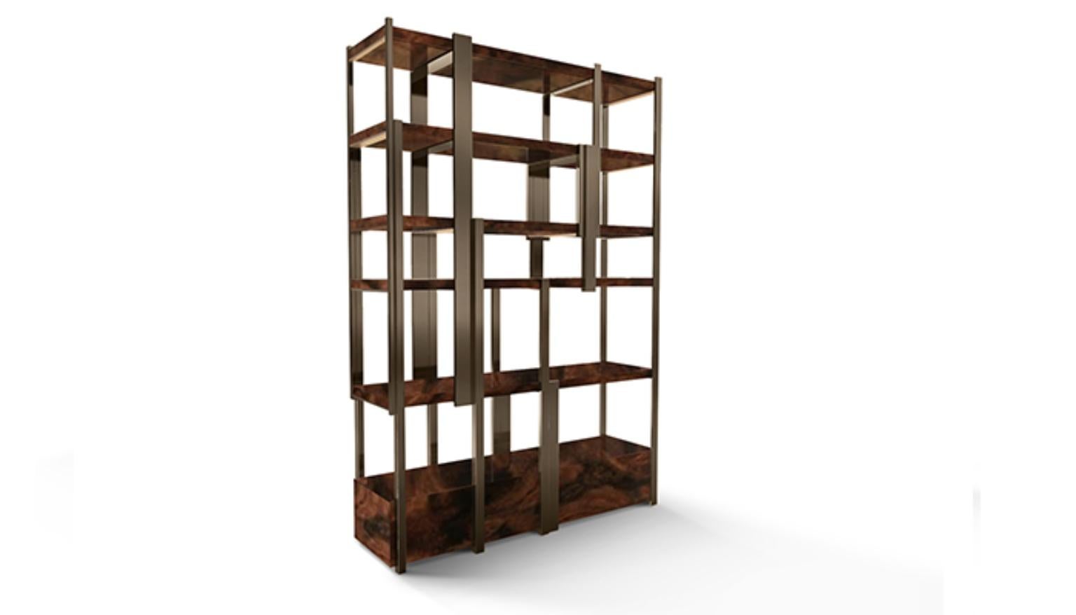 Portuguese Contemporary Modern Caffeine Walnut Root Veneer Bookcase by Caffe Latte For Sale