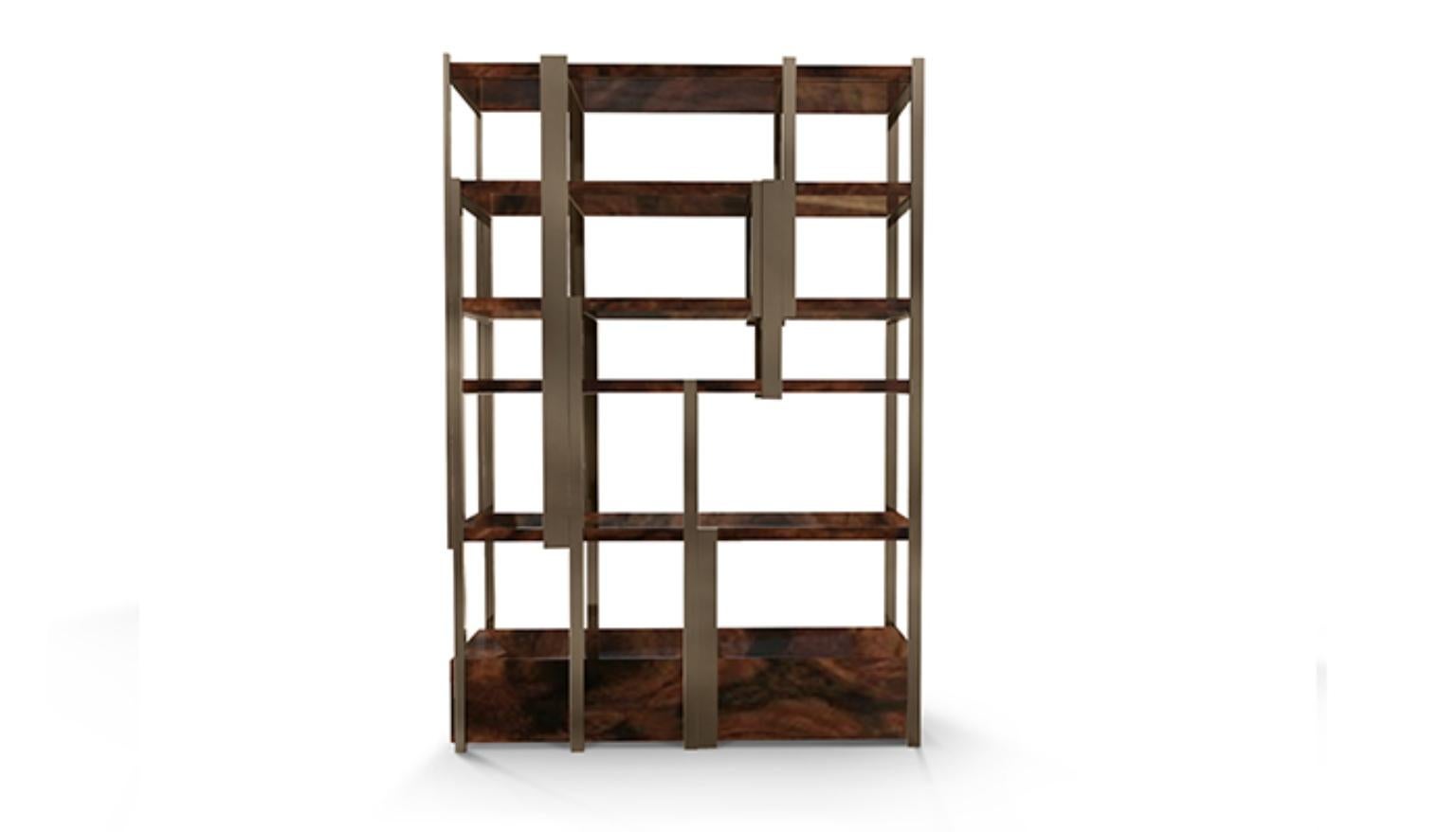 Contemporary Modern Caffeine Walnut Root Veneer Bookcase by Caffe Latte In New Condition For Sale In New York, NY