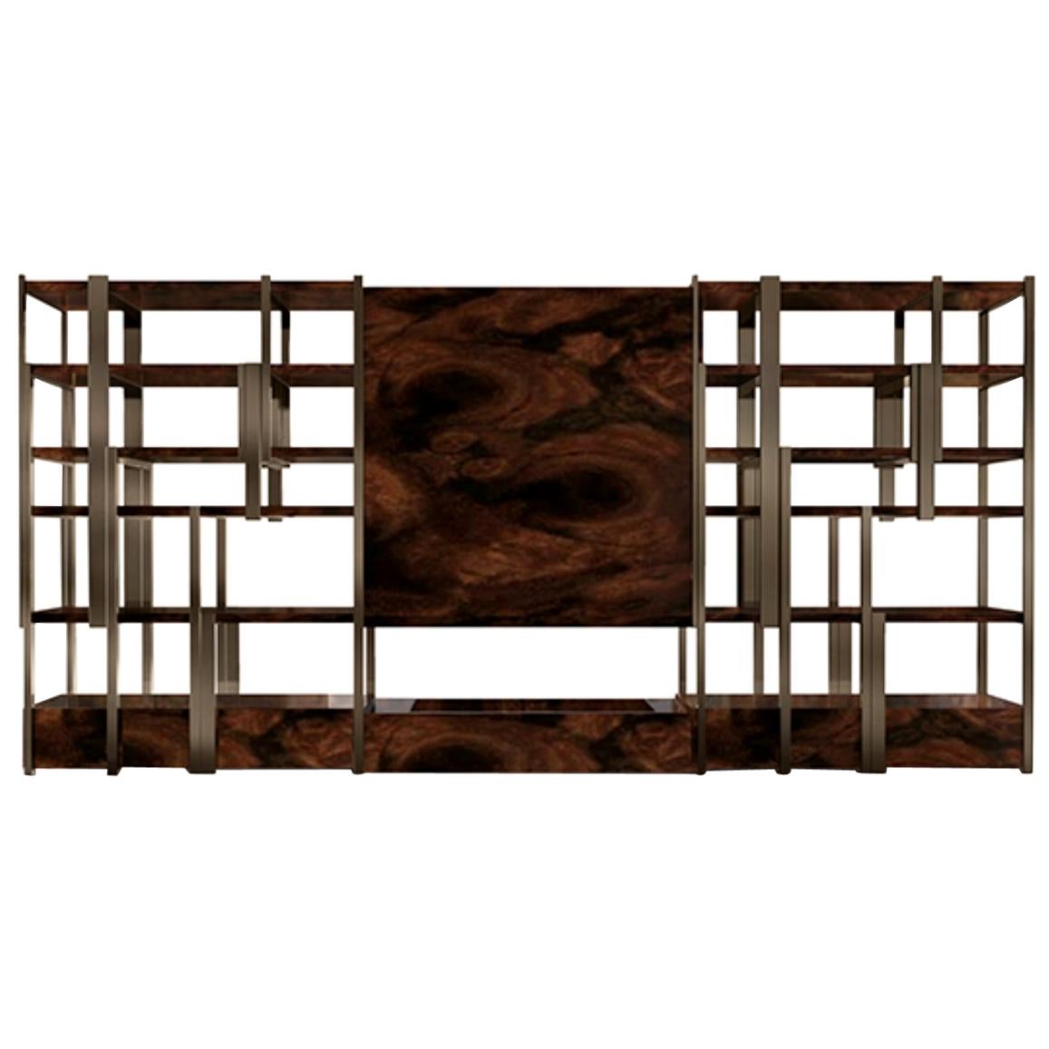 Contemporary Modern Caffeine Walnut Root Veneer Bookcase by Caffe Latte For Sale