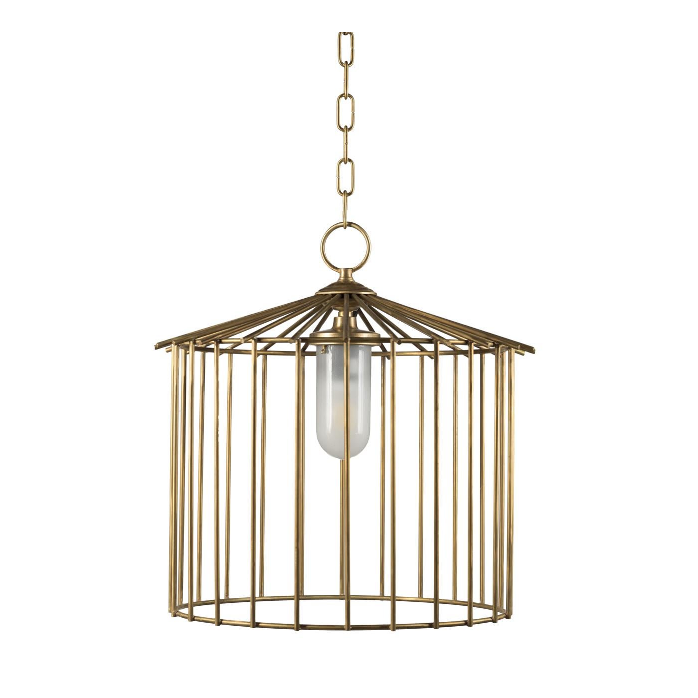 Part of the Cage series whose objects feature a cage-like structural element, this ceiling lamp has a chain supporting a cone structure from whose perimeter vertically stem a series of rods that form a circle, enclosing a single light. The whole