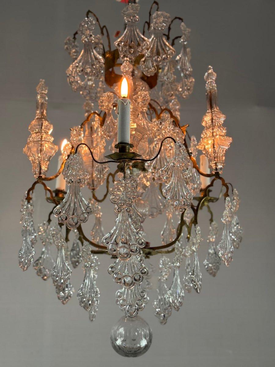 Louis XV Cage chandelier with moulded glass and bronze pendants, circa 1800 For Sale